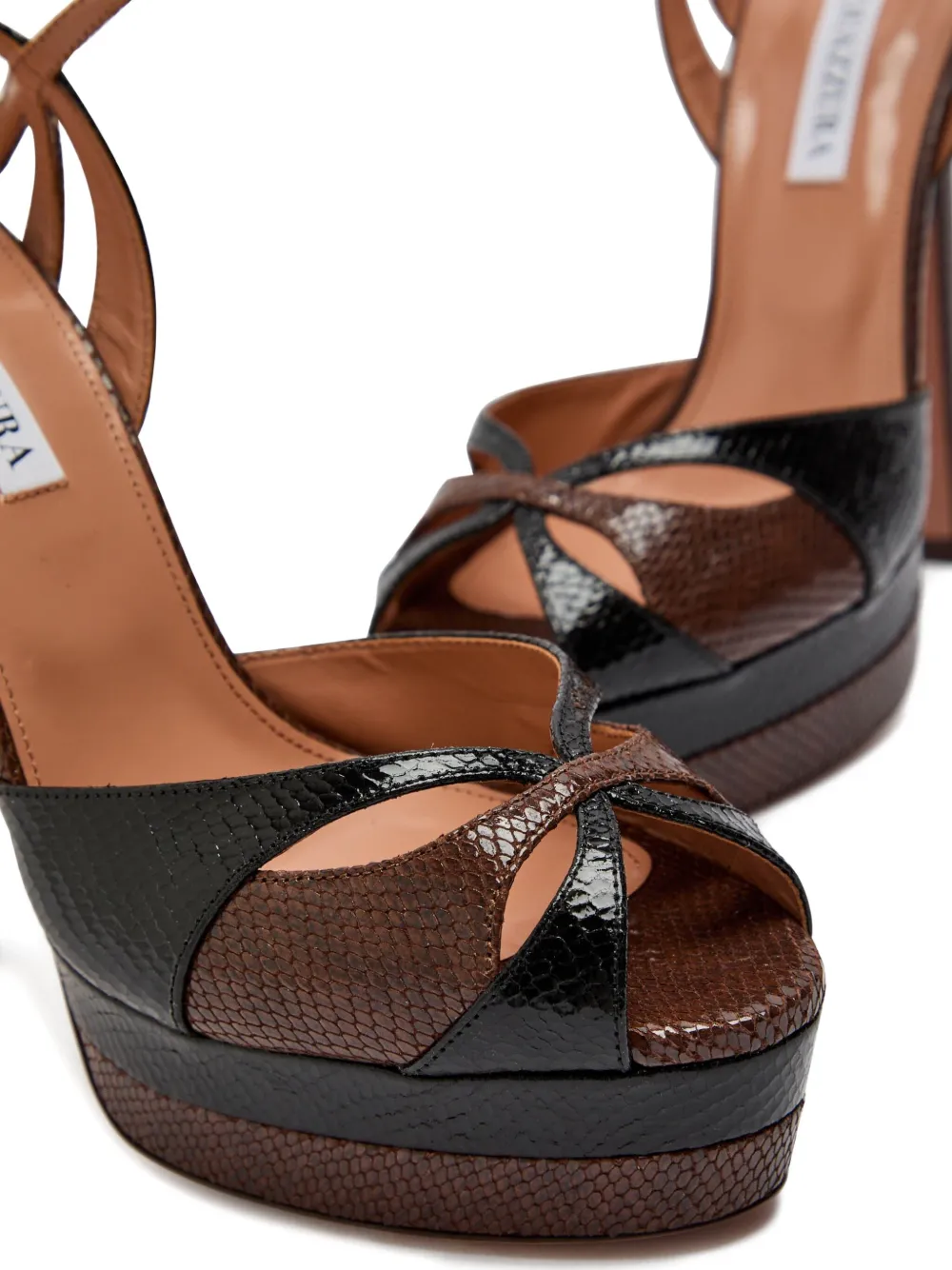 Aquazzura 130mm Plateau snake-embossed leather sandals Brown