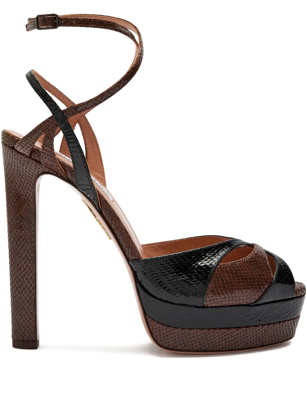 Aquazzura 130mm Plateau snake-embossed leather sandals Brown