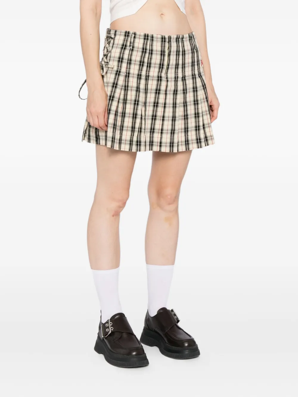 Damson Madder Moffy Plaid Pleated Organic Cotton Miniskirt In Black