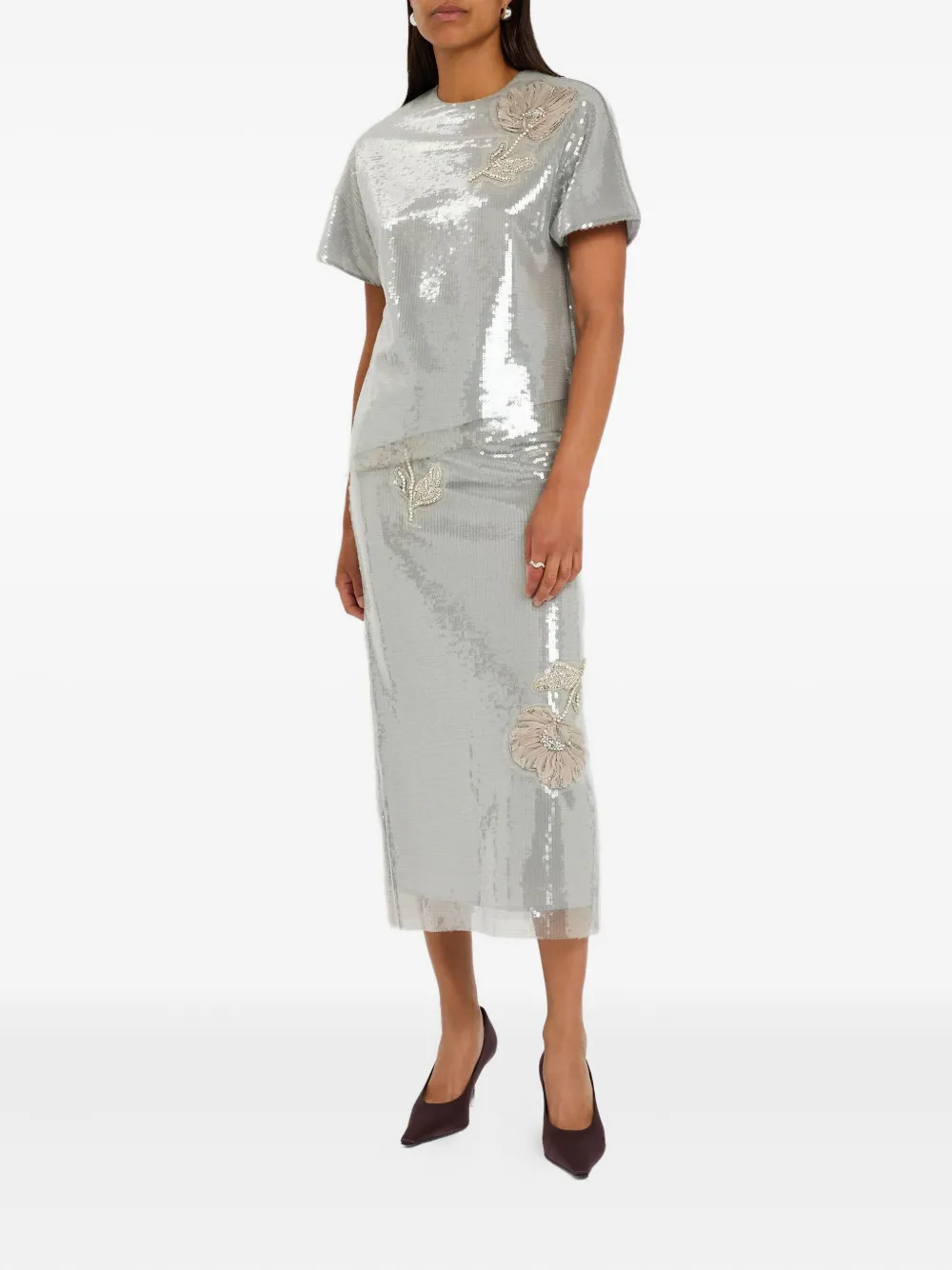 Huishan Zhang Sequin Floral Midi Skirt In Black