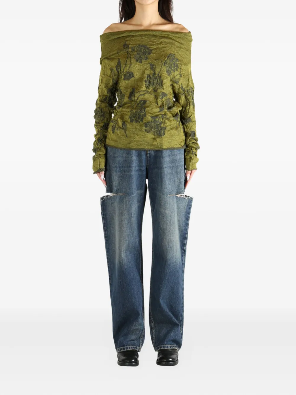 Y's floral-embroidered off-shoulder blouse - Groen