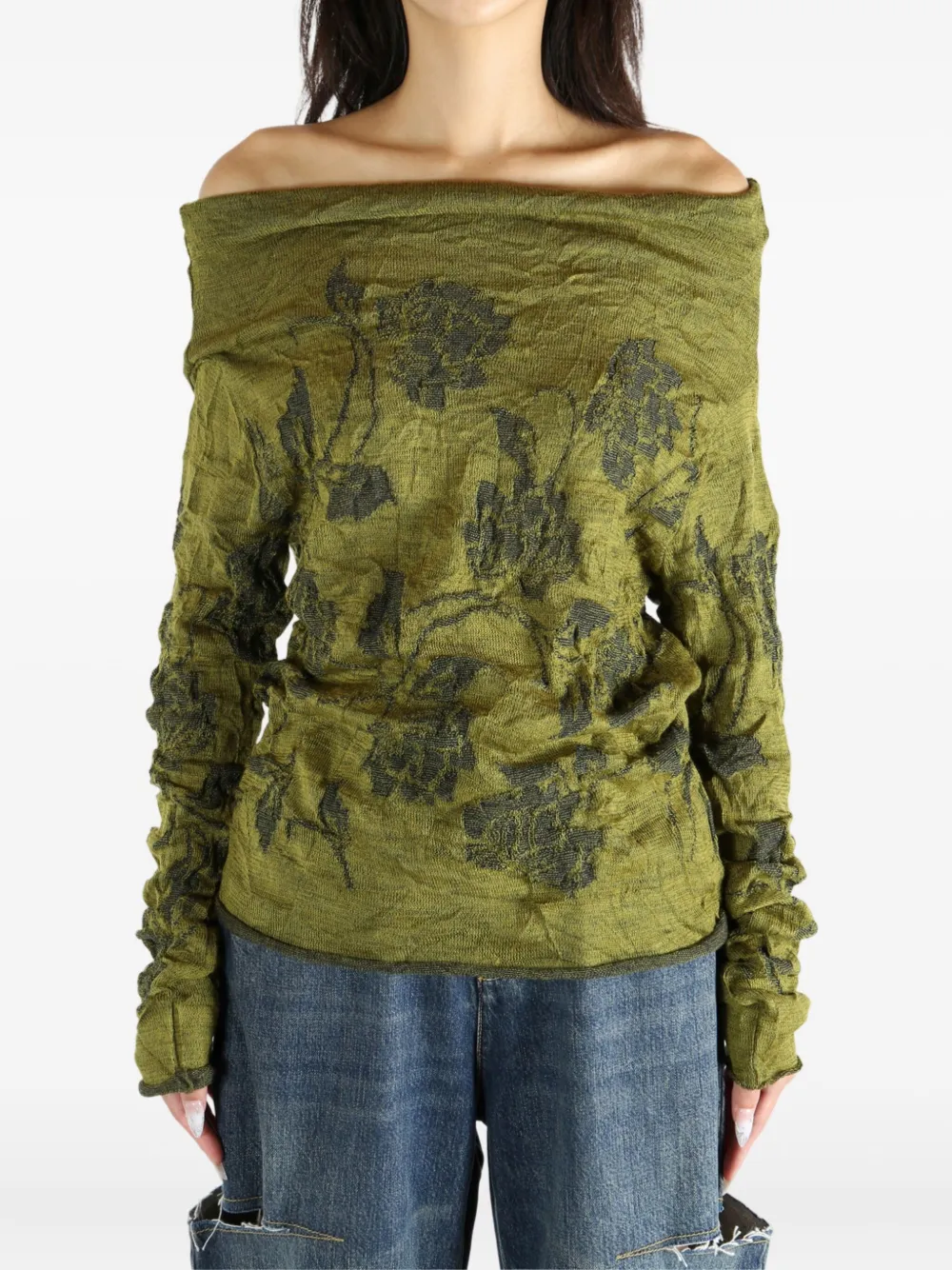 Y's Floral-embroidered Off-shoulder Blouse In Brown