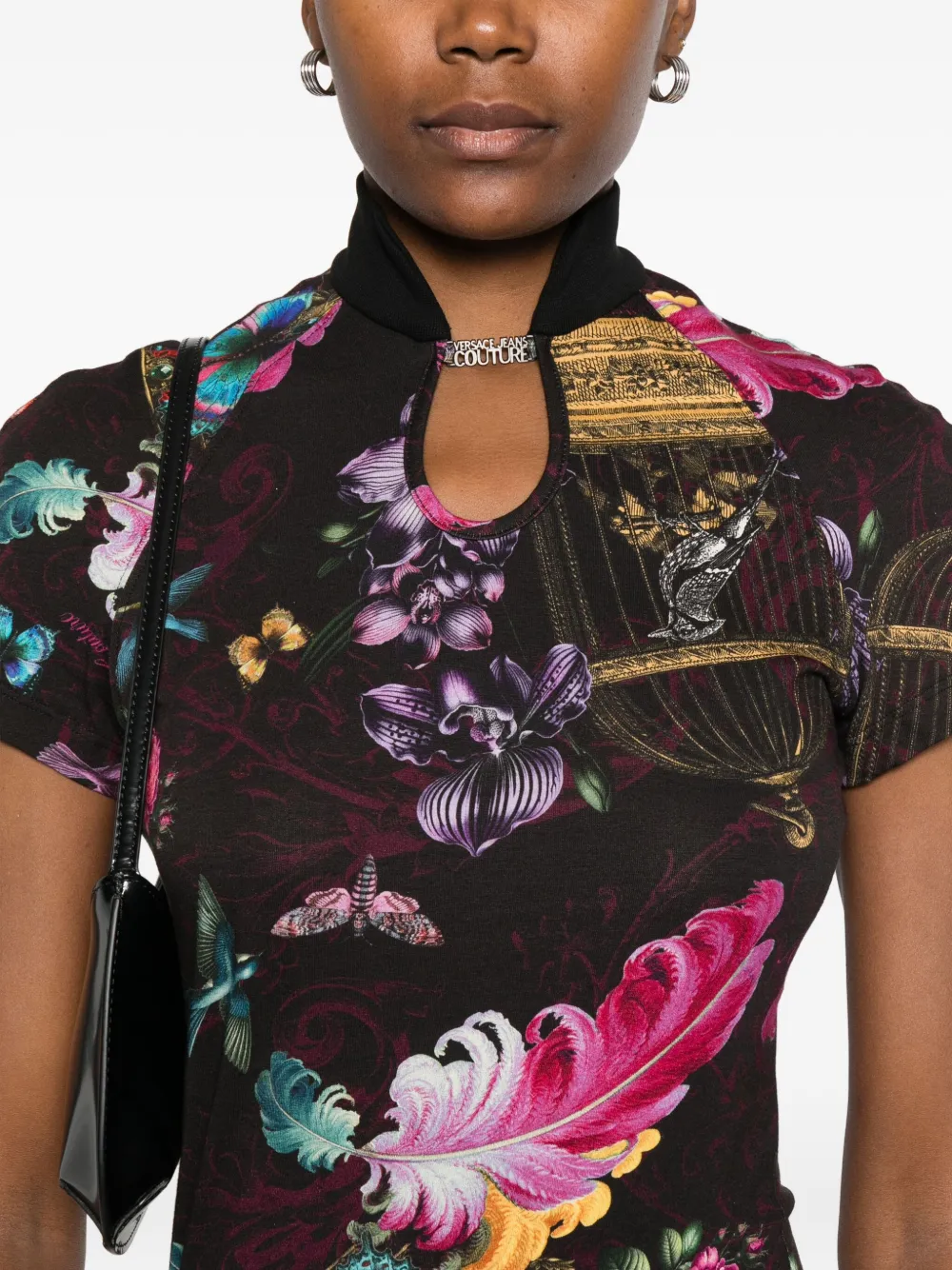 Versace Jeans Couture High-neck Top With Floral Print And Logo In Multi