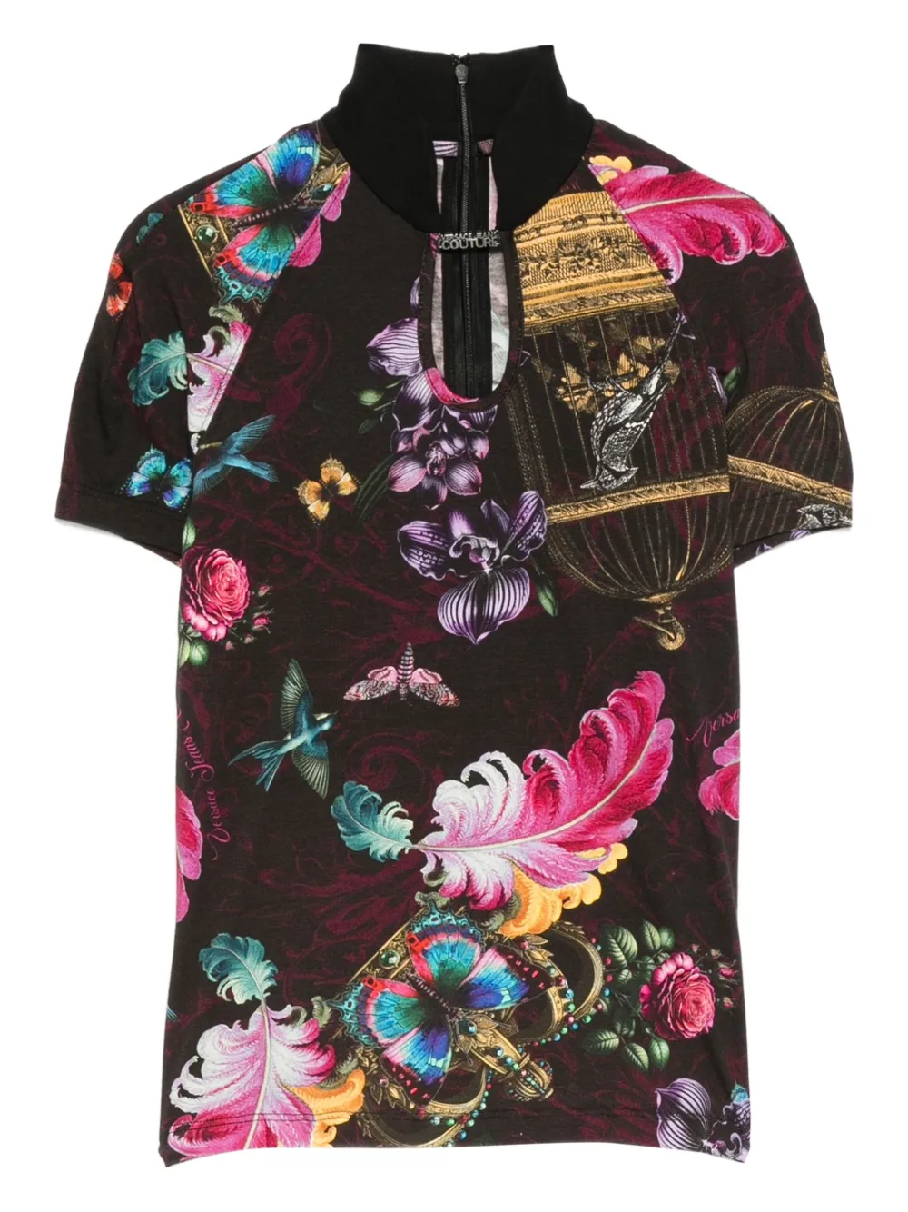 Versace Jeans Couture High-neck Top With Floral Print And Logo In Multi
