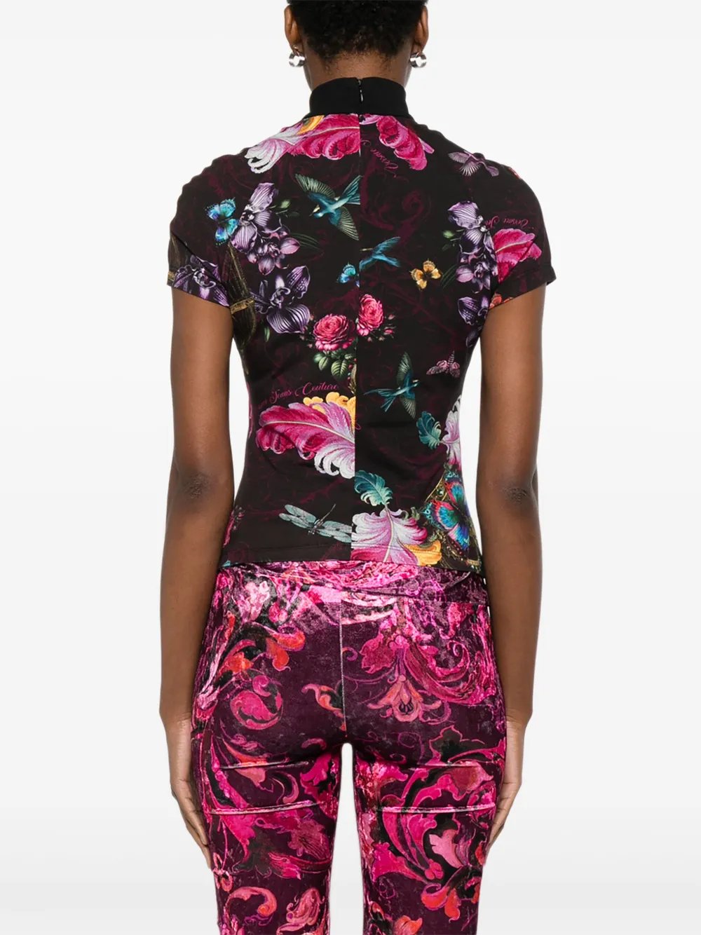 Versace Jeans Couture High-neck Top With Floral Print And Logo In Multi