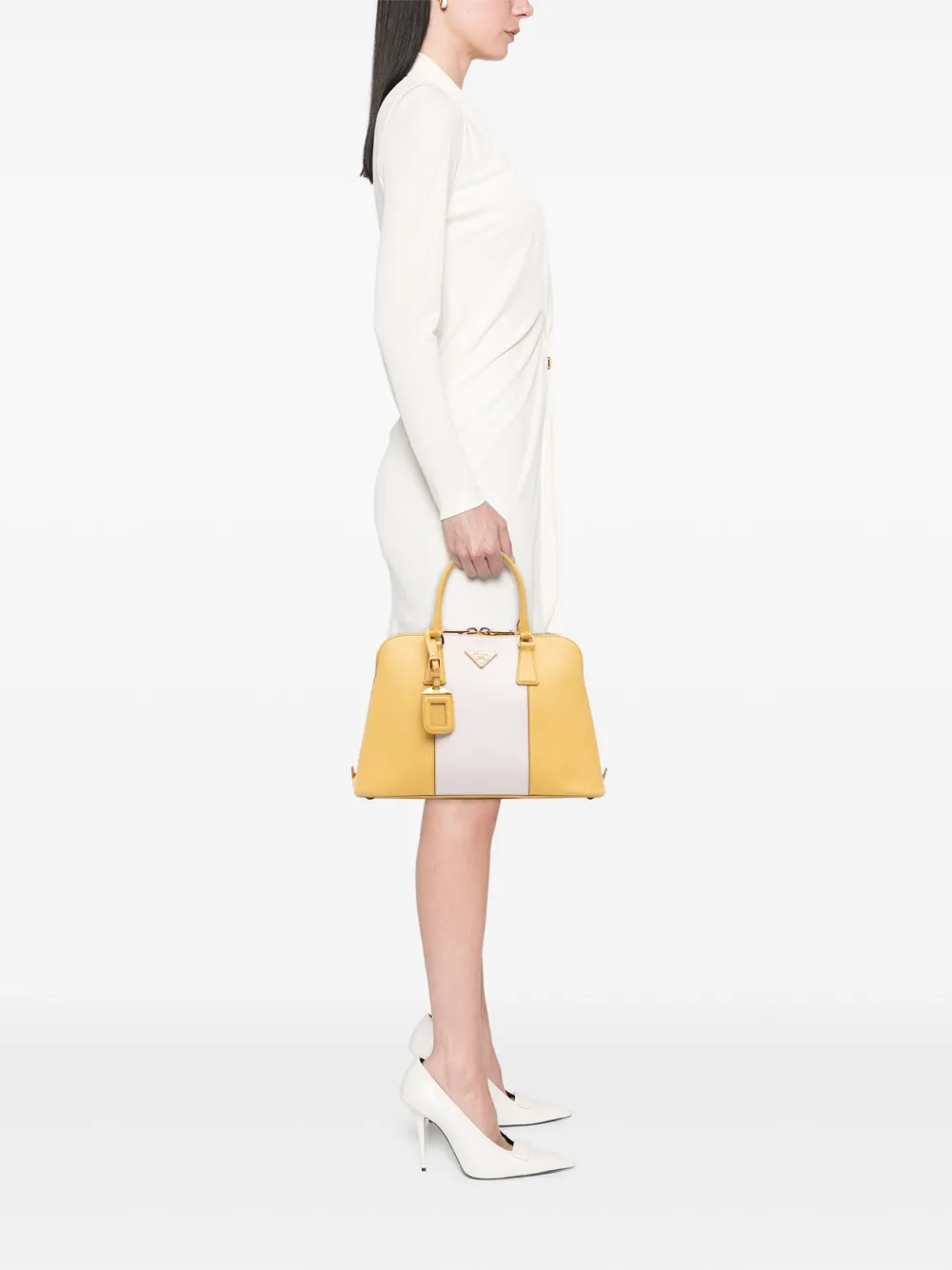Pre-owned Prada 2010-2025 Medium Bicolor Saffiano Lux Promenade Satchel In Yellow