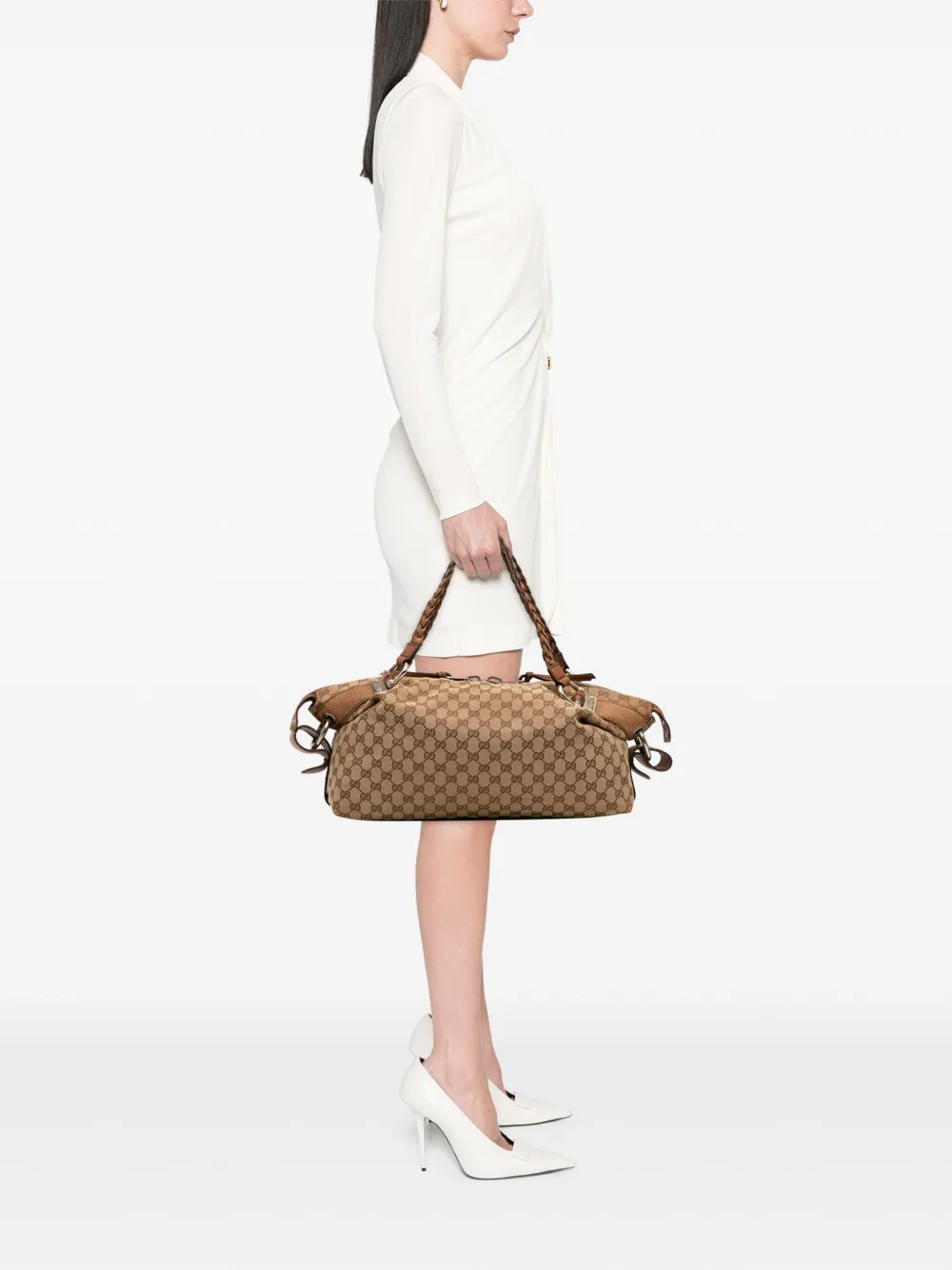 Pre-owned Gucci 2016-2025 Medium Gg Canvas Bamboo Bar Tote Bag In Brown