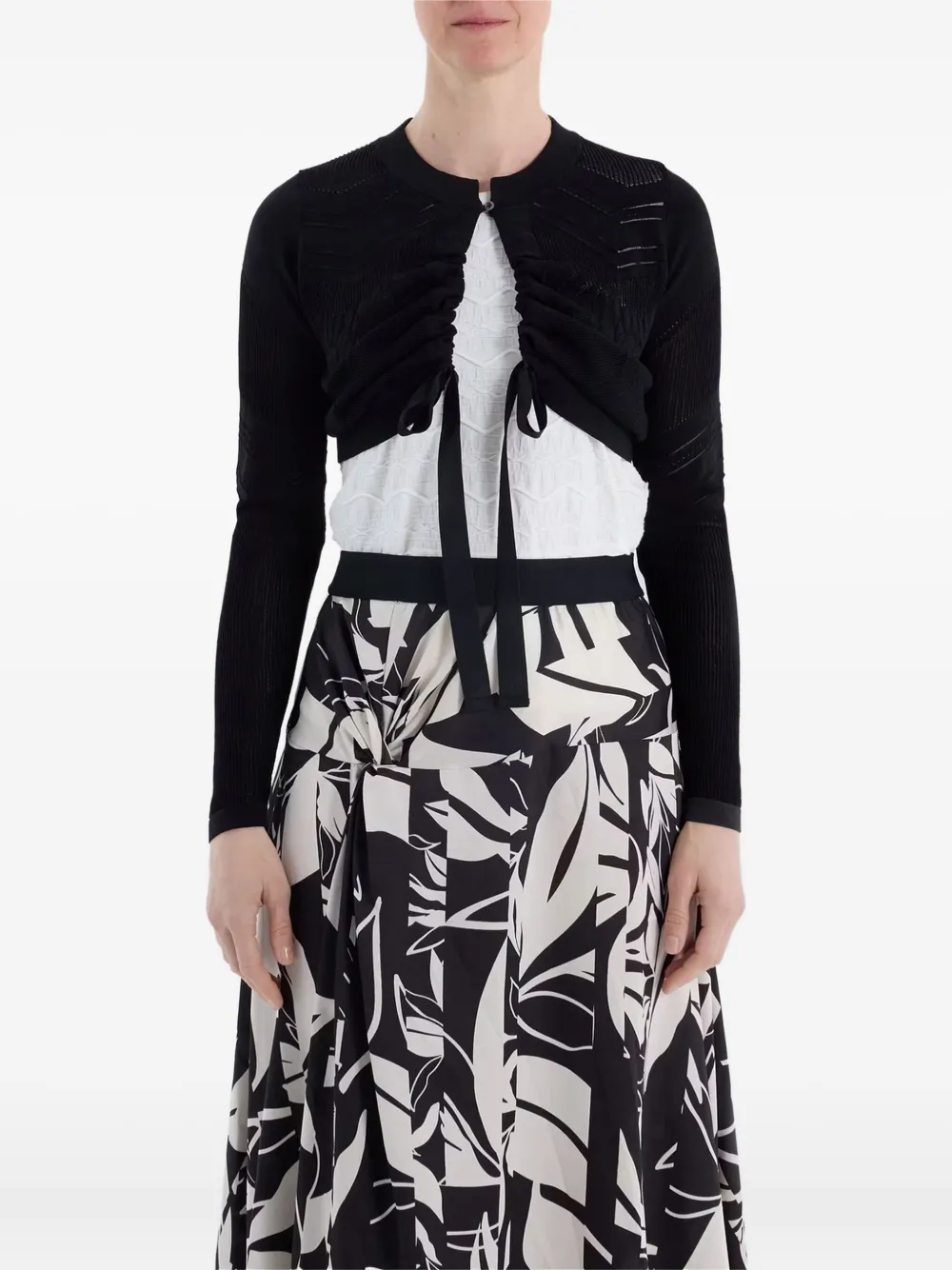High Tie-front Textured Knit Bolero In Black