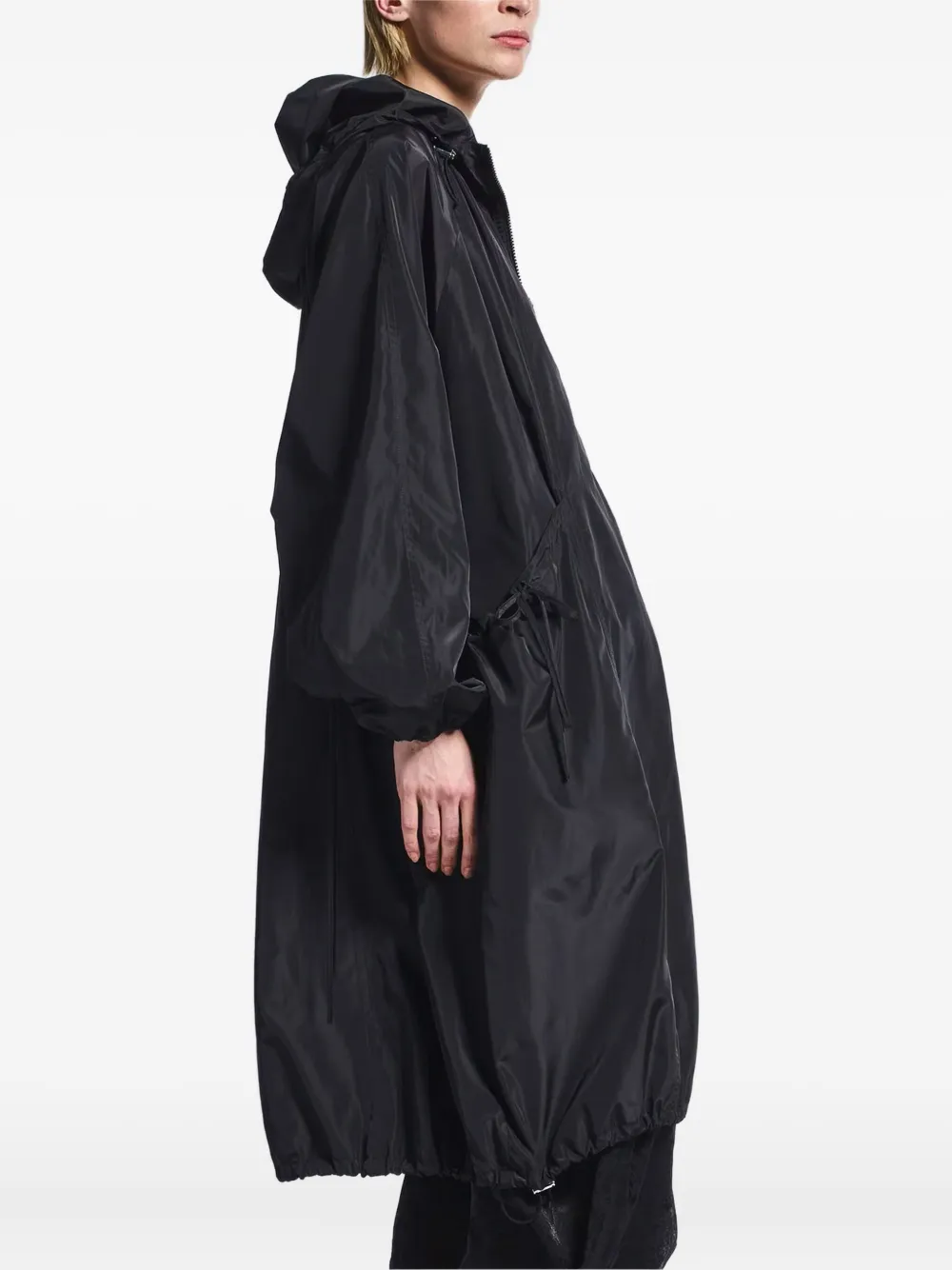 High drawstring hooded coat - Zwart