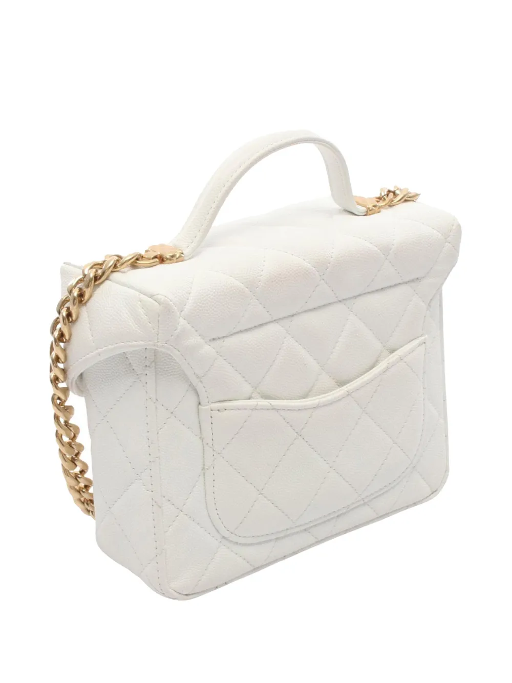 Pre-owned Chanel 2021-2025 Quilted Caviar Handy Box Vanity Case With Chain Satchel In White