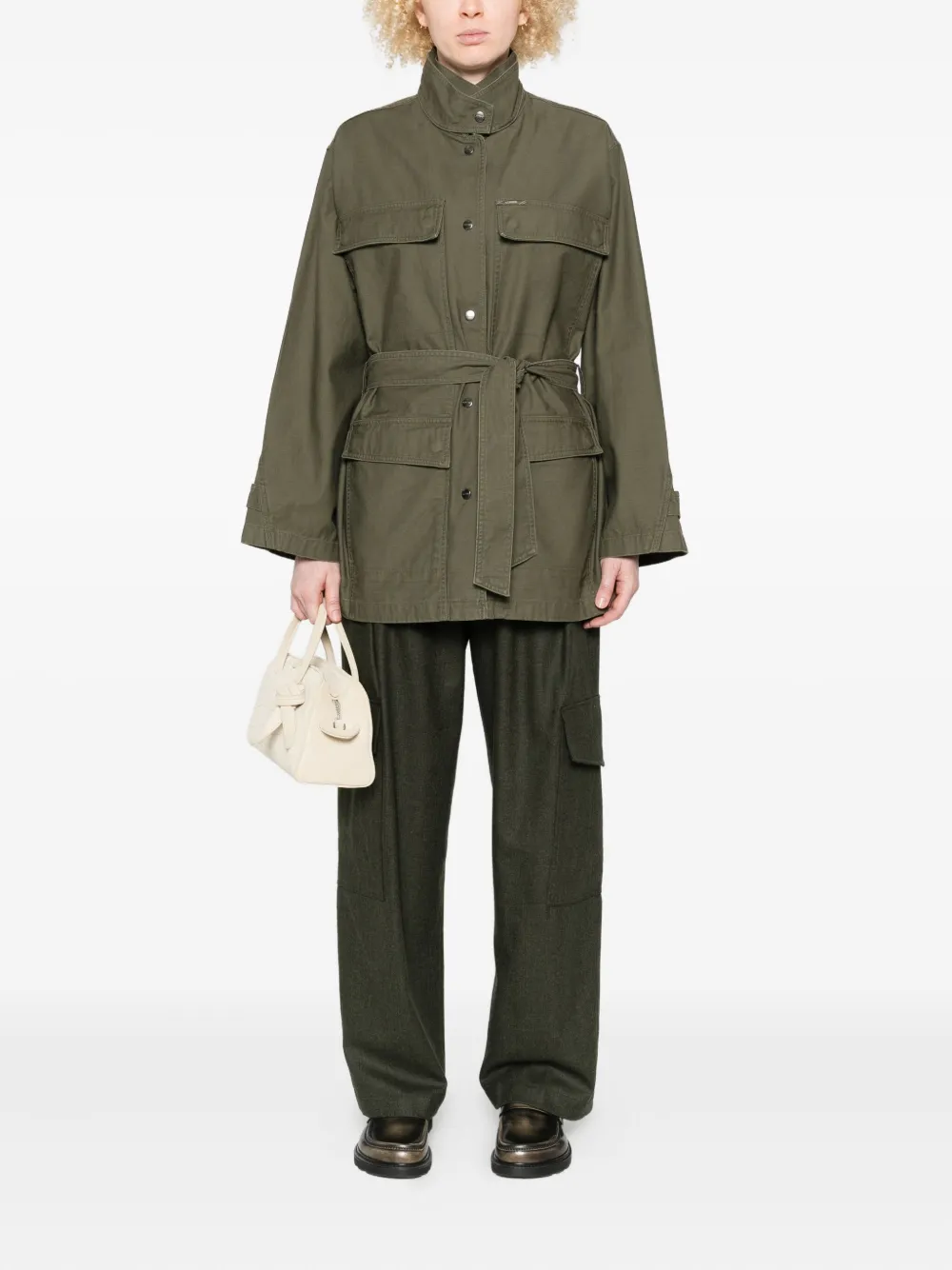 Closed belted cotton coat - Groen