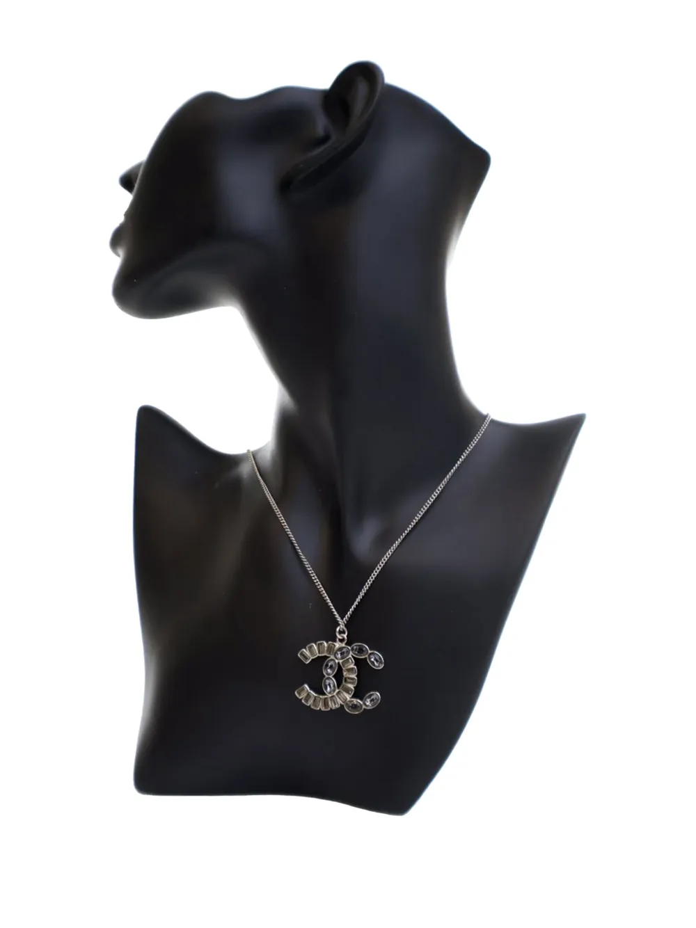Pre-owned Chanel 2010-2025 Silver Plated Cc Crystal Pendant Necklace Costume Necklace