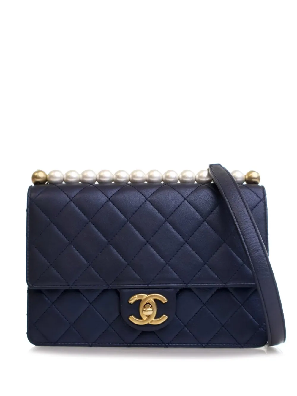 CHANEL Pre-Owned 2019 ミディアム ラムスキン シック パール フラップ ショルダーバッグ - ブルー CHANEL Pre-Owned 2019 ミディアム ラムスキン シック パール フラップ ショルダーバッグ - ブルー