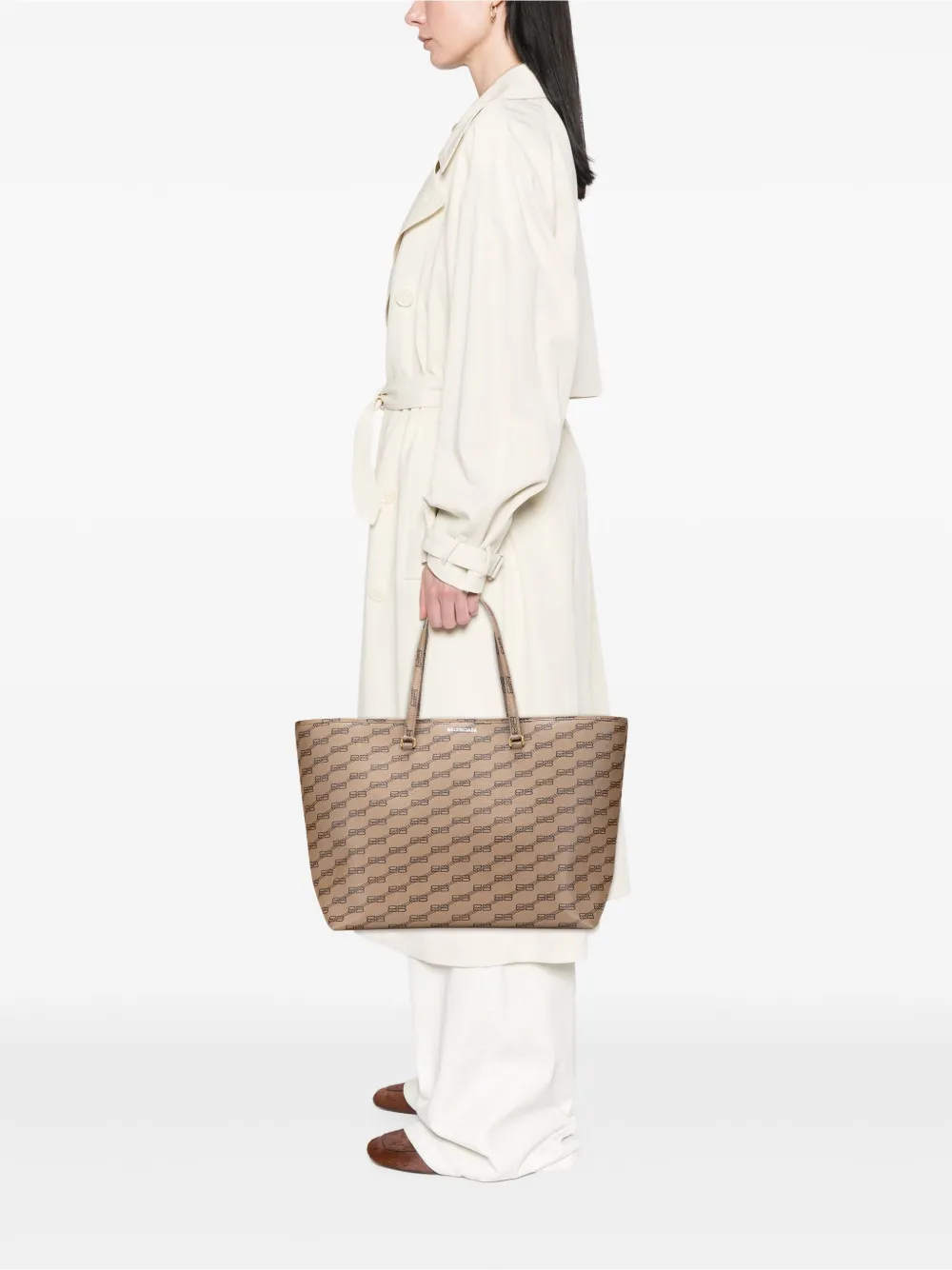 Pre-owned Balenciaga 2010-2025 Large Bb Monogram Coated Canvas Signature East West Shopper Bag Tote Bag In Brown