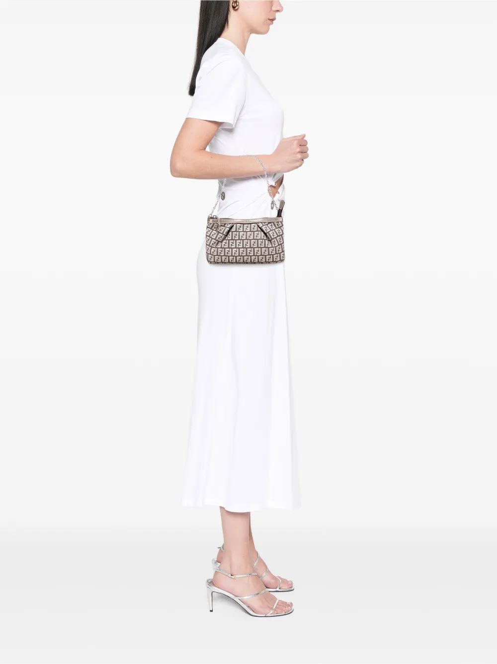 Pre-owned Fendi 2000-2010 Zucchino Canvas Chain Pochette Shoulder Bag In Brown