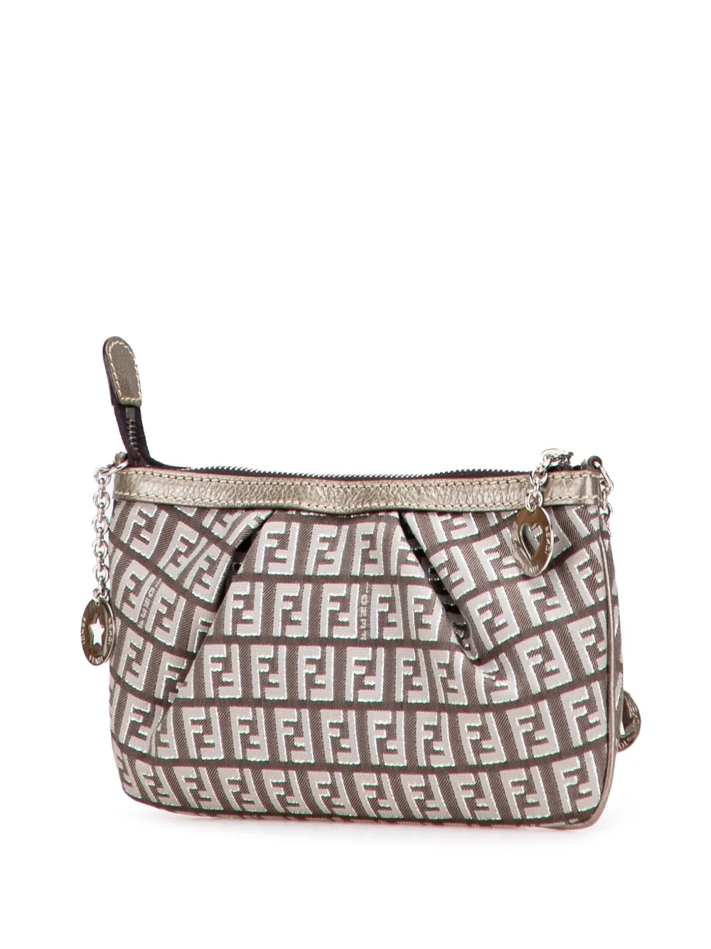 Pre-owned Fendi 2000-2010 Zucchino Canvas Chain Pochette Shoulder Bag In Brown
