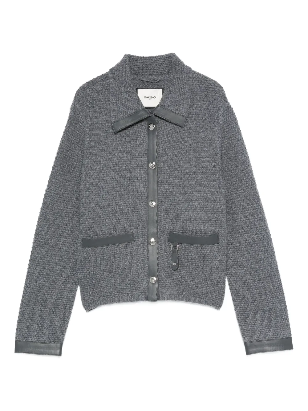 Max & Moi Leather-trimmed Knitted Cardigan In Gray