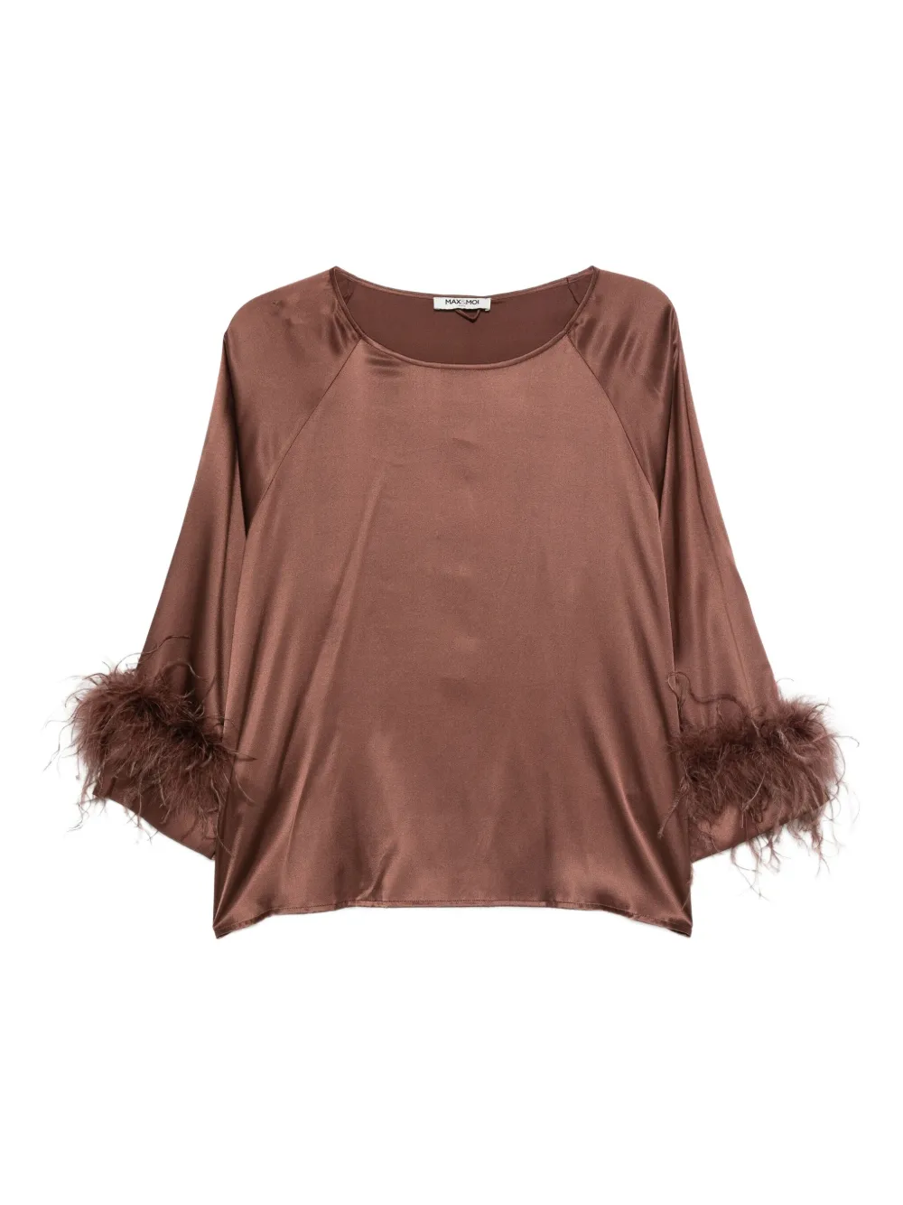Max & Moi Feather-trimmed Silk Top In Brown