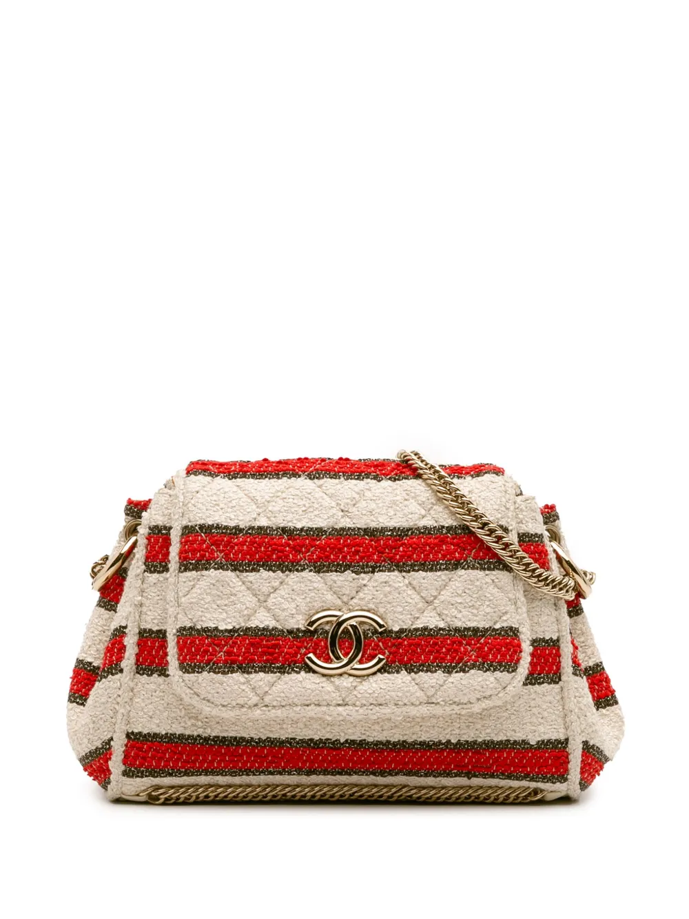 CHANEL Pre-Owned 2008-2009 ココマーク マトラッセ ツイード ストライプ シングルフラップ ショルダーバッグ - CHANEL Pre-Owned 2008-2009 ココマーク マトラッセ ツイード ストライプ シングルフラップ ショルダーバッグ -