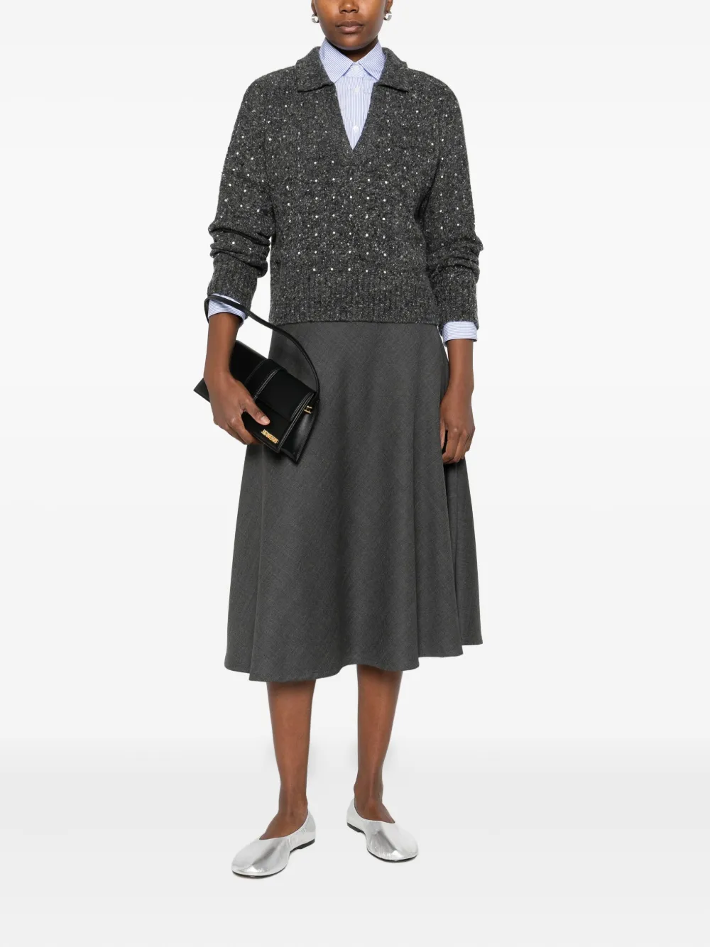 Pinko Rhinetone-embellished Collared Sweater In Gray