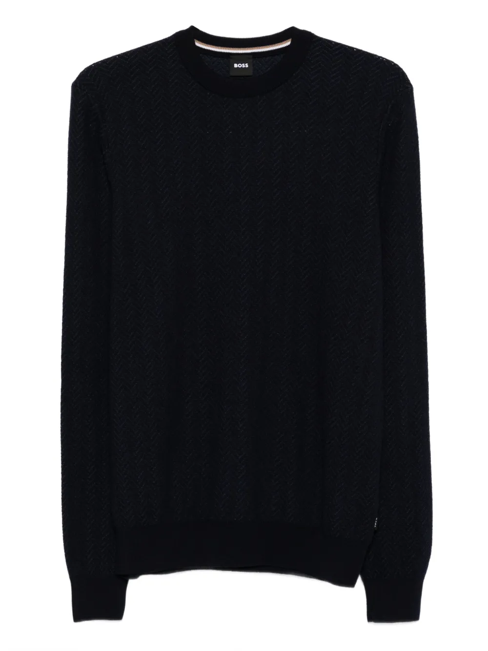 Hugo Boss Herringbone-pattern Crew-neck Sweater In Black