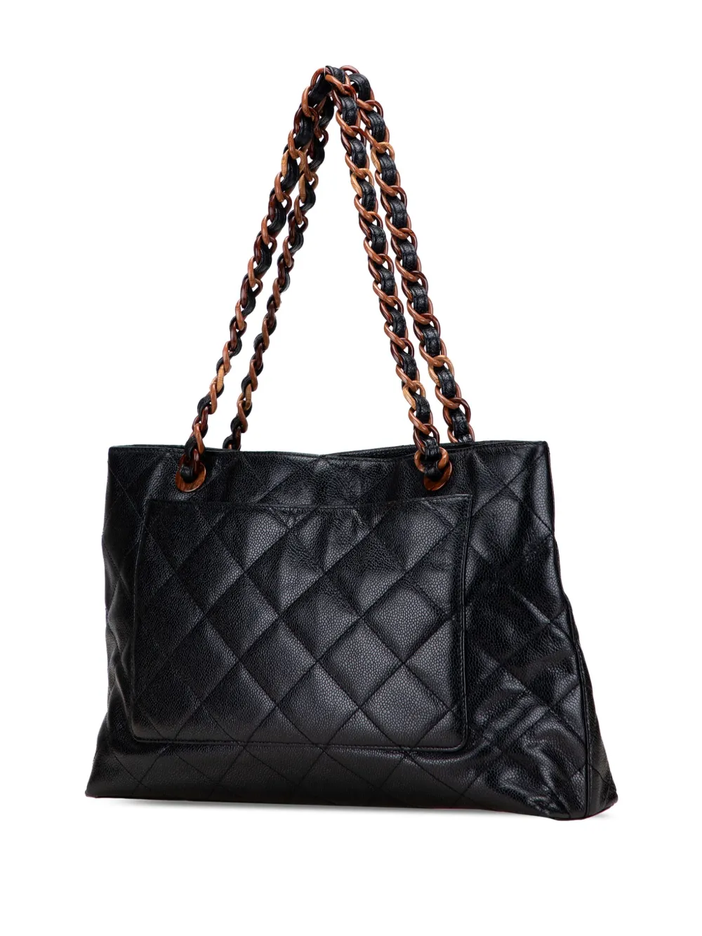 Pre-owned Chanel 2000-2002 Cc Quilted Caviar Tortoise Chain Tote Bag In Black