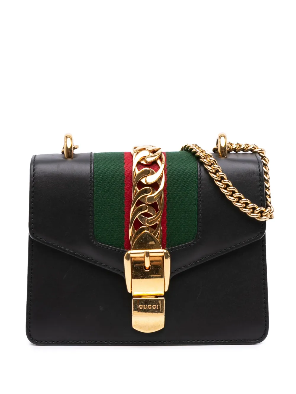Gucci Pre-Owned 2016-2025 ミニ レザー ウェブ シルヴィ チェーン ショルダーバッグ - ブラック Gucci Pre-Owned 2016-2025 ミニ レザー ウェブ シルヴィ チェーン ショルダーバッグ - ブラック
