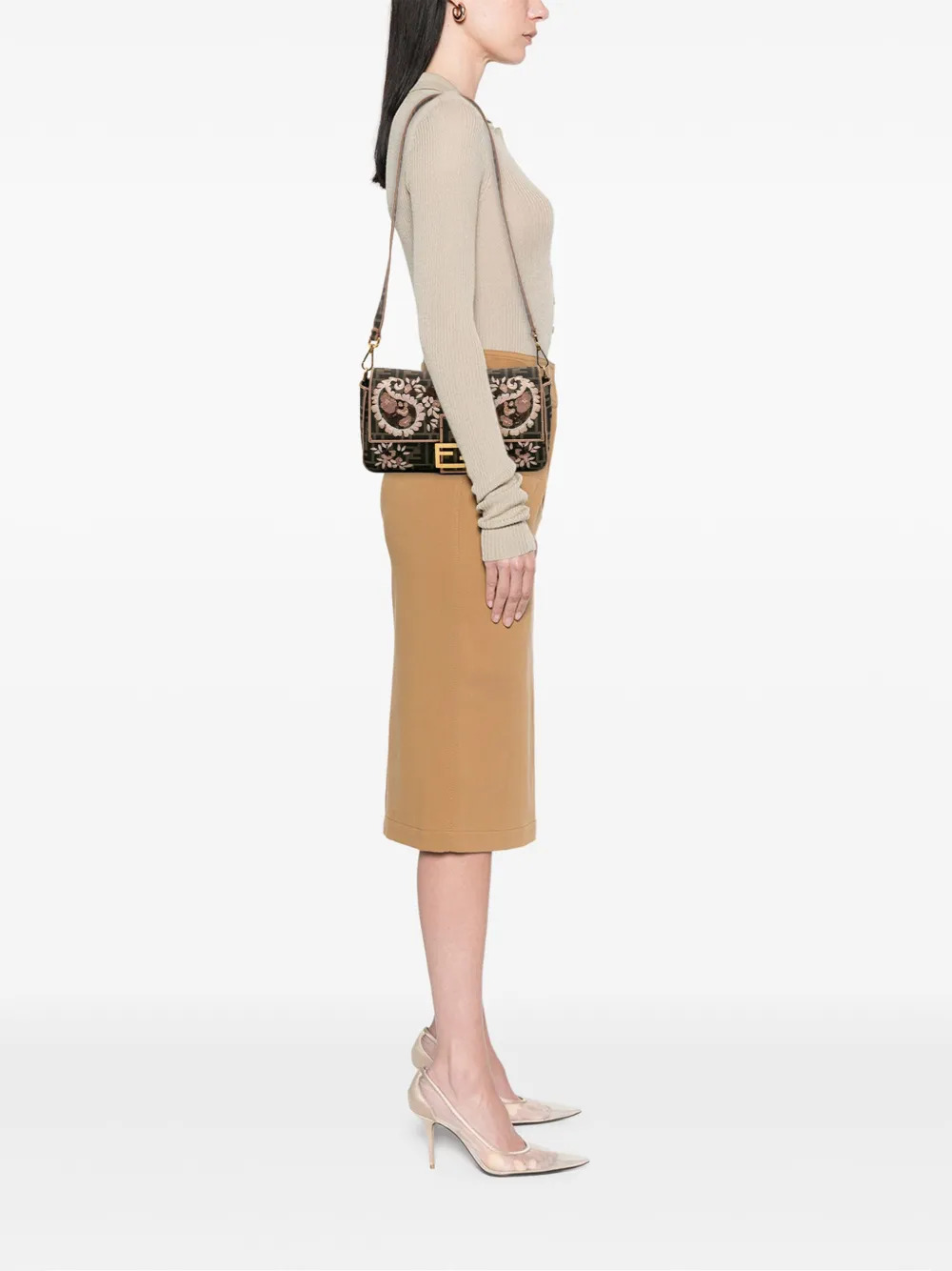 Pre-owned Fendi 2010-2025 Zucca Canvas Paisley Embroidery Baguette Satchel In Brown