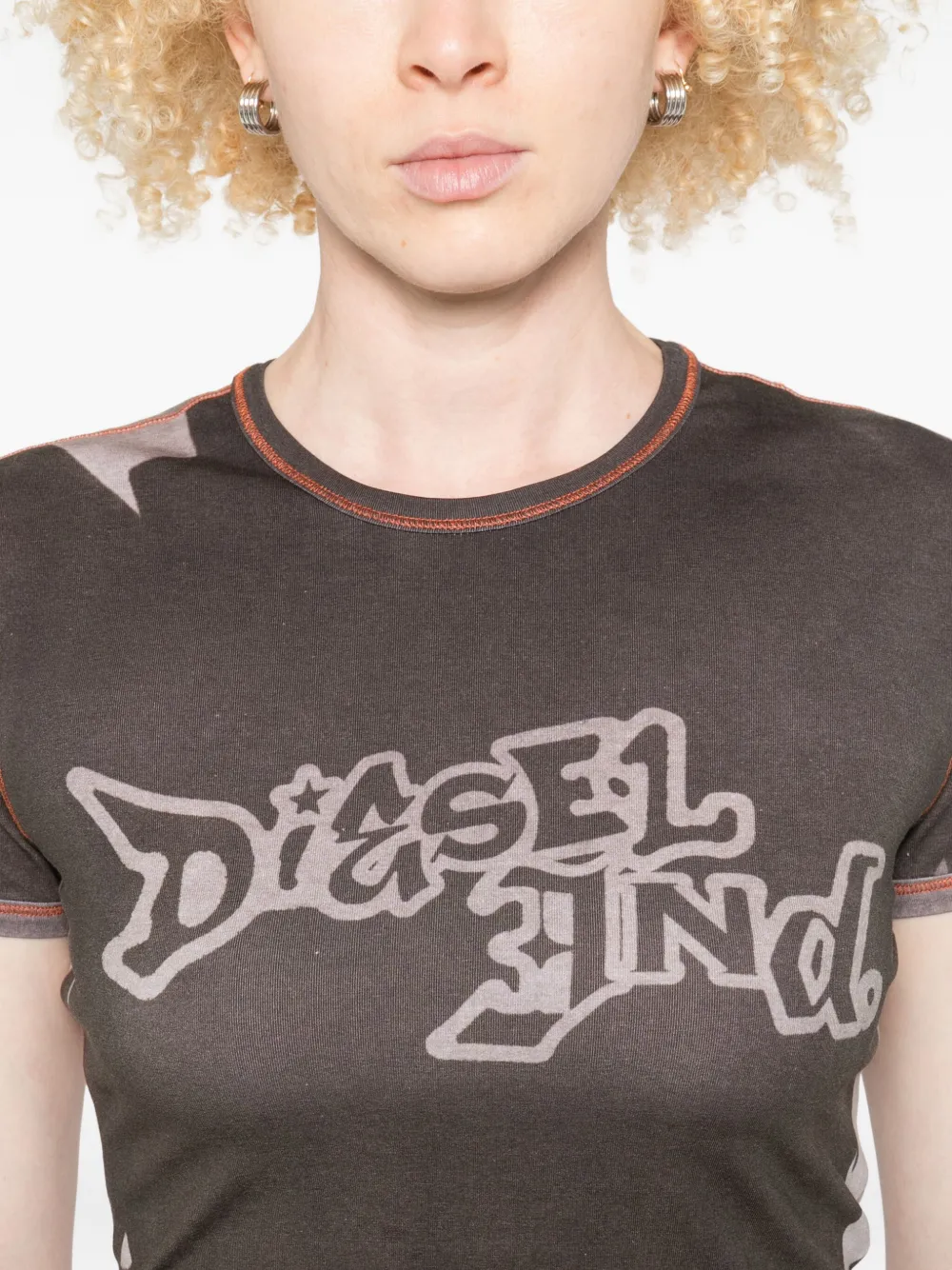 Diesel Graphic Print Crew Neck Short Sleeve Top In Brown