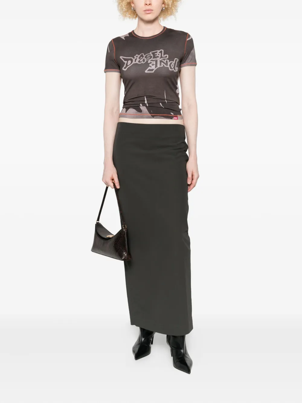 Diesel Graphic Print Crew Neck Short Sleeve Top In Brown
