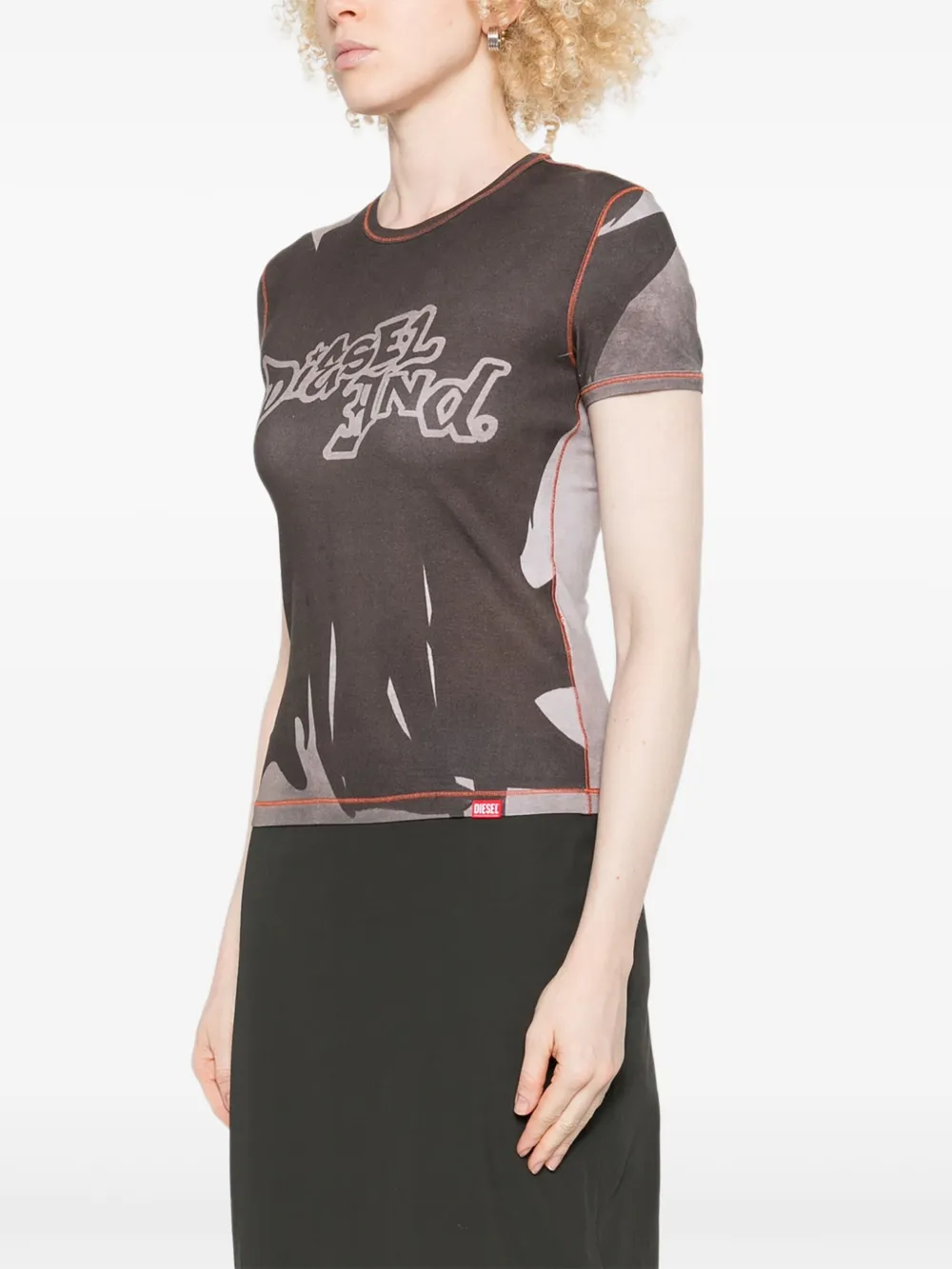 Diesel Graphic Print Crew Neck Short Sleeve Top In Brown
