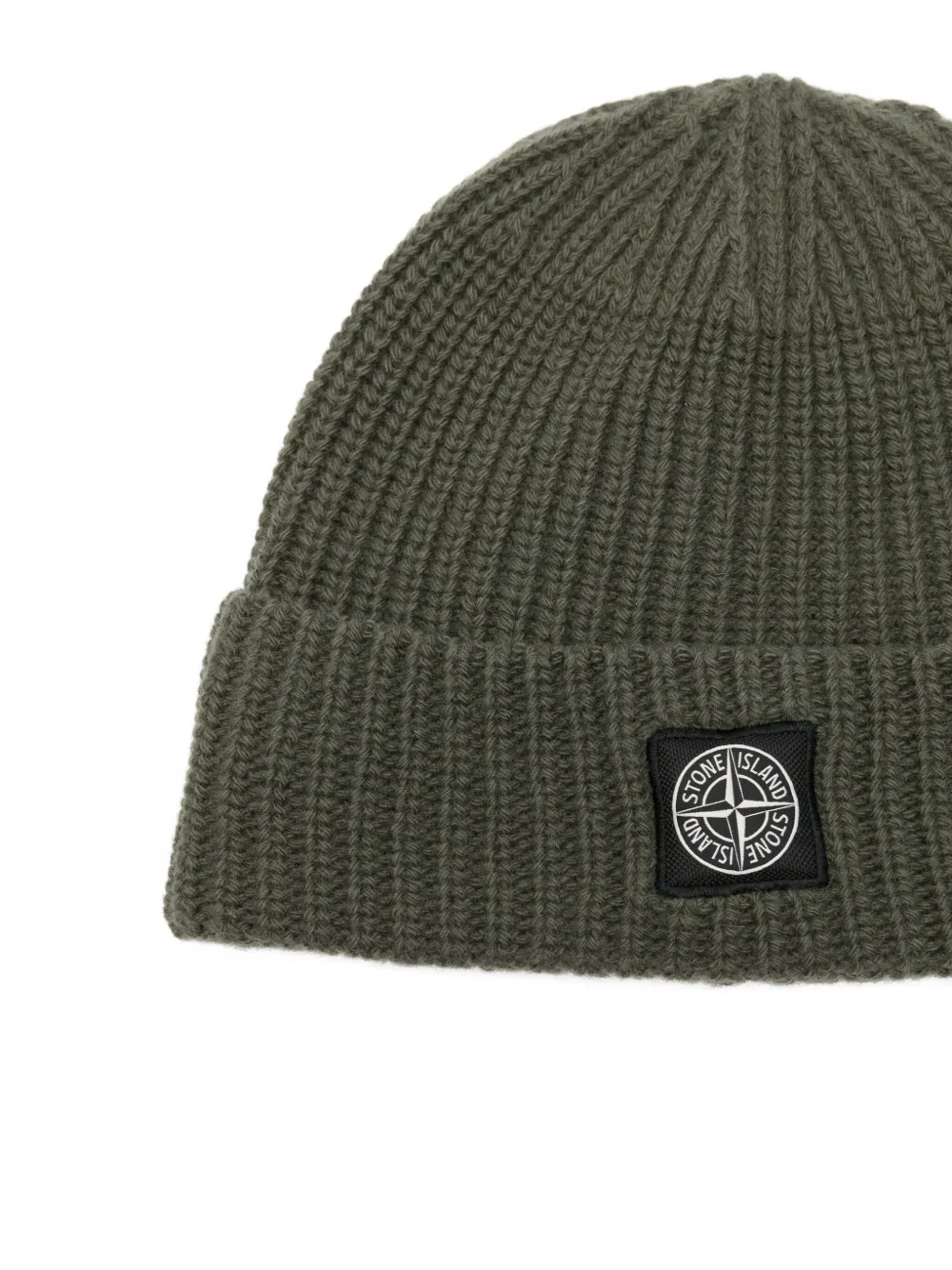 Stone Island Beanie With Compass Patch And Ribbed Cuff In Green