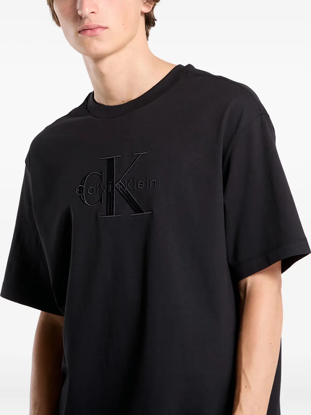 Calvin Klein Embroidered-logo T-shirt In Black