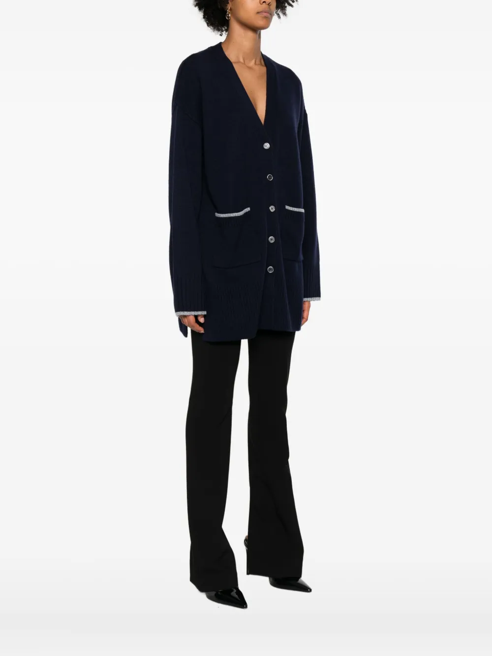 Pinko Long-sleeved Cardigan Sweater With Deep V-neck In Blue