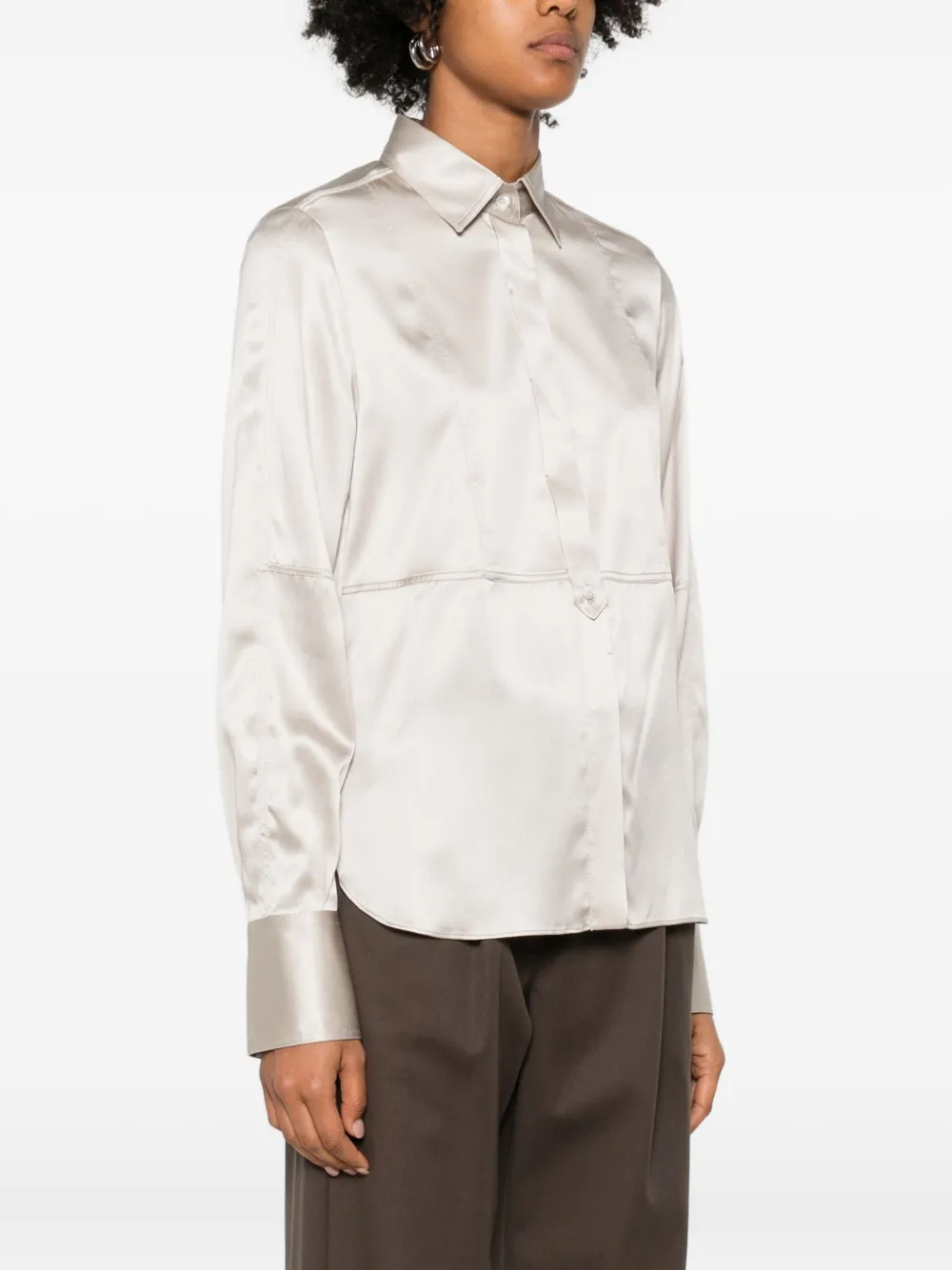 Brunello Cucinelli Women Shirt Satin Stretch With Monile In Neutral