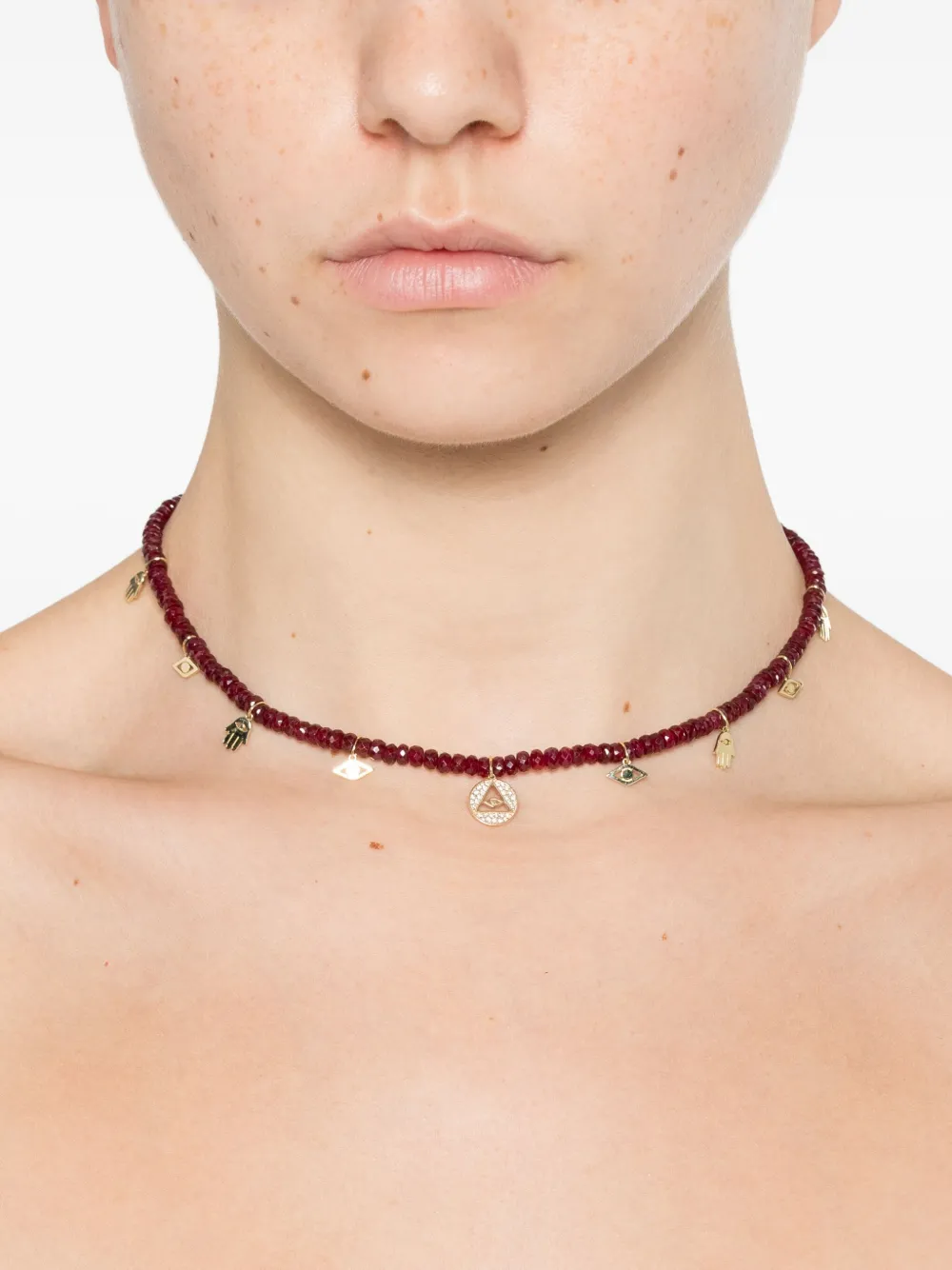 Sydney Evan 14k Yellow Gold Beaded Necklace In Burgundy