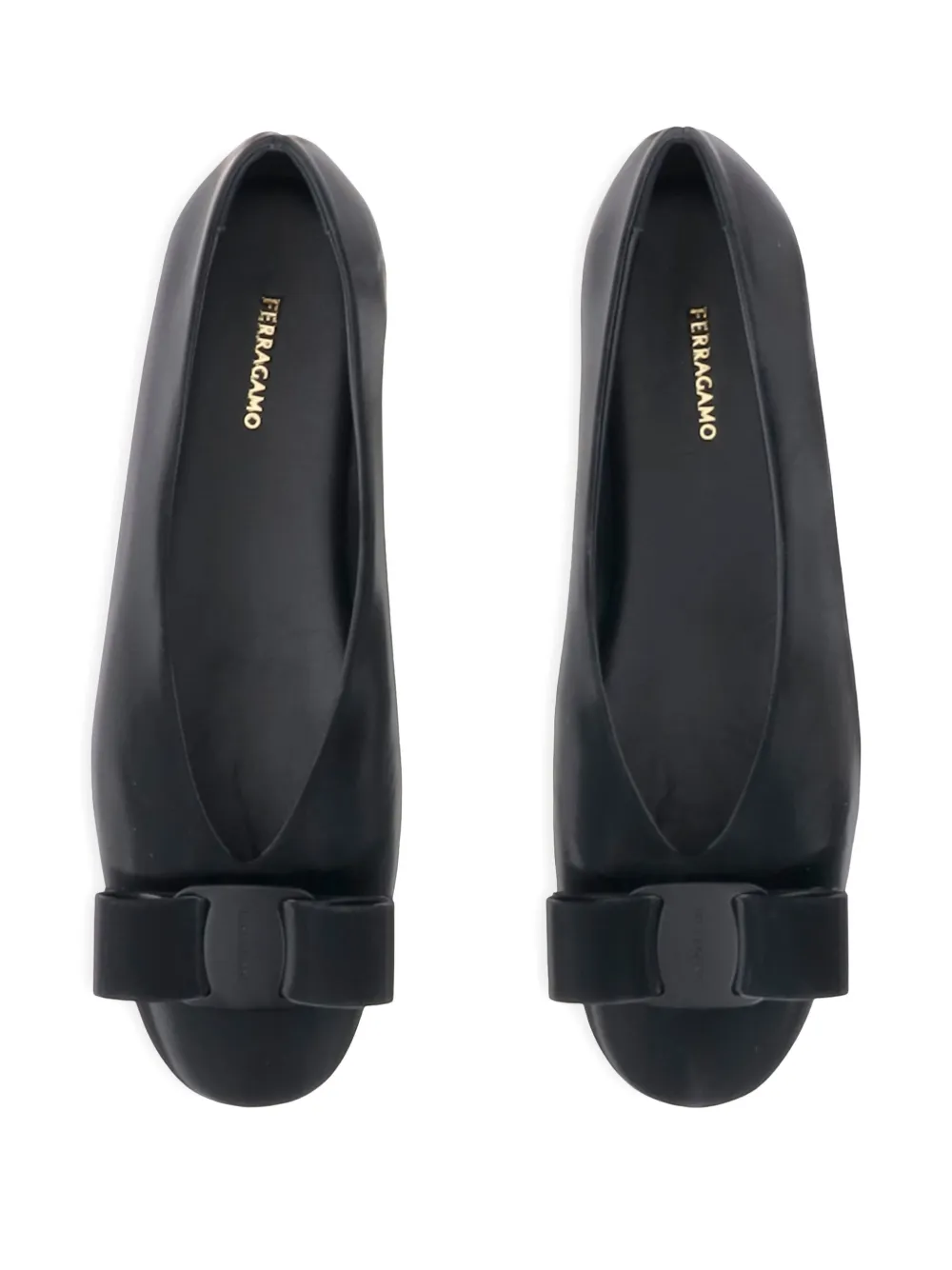 Ferragamo Leather Round Toe Ballerina Shoes With Bow Detail In Black