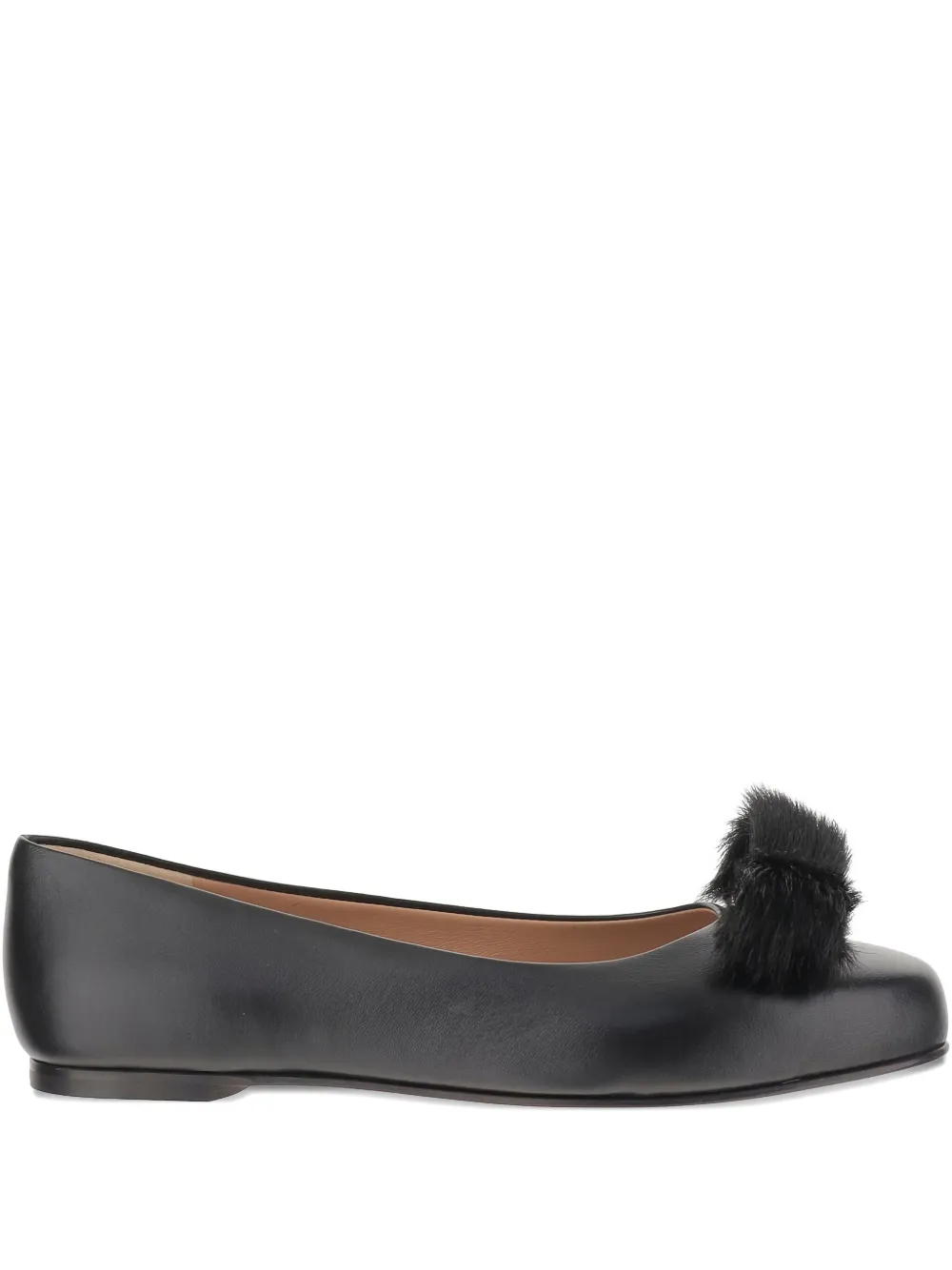 Ferragamo Vara Leather Fur-pompom Ballerina Shoes In Black