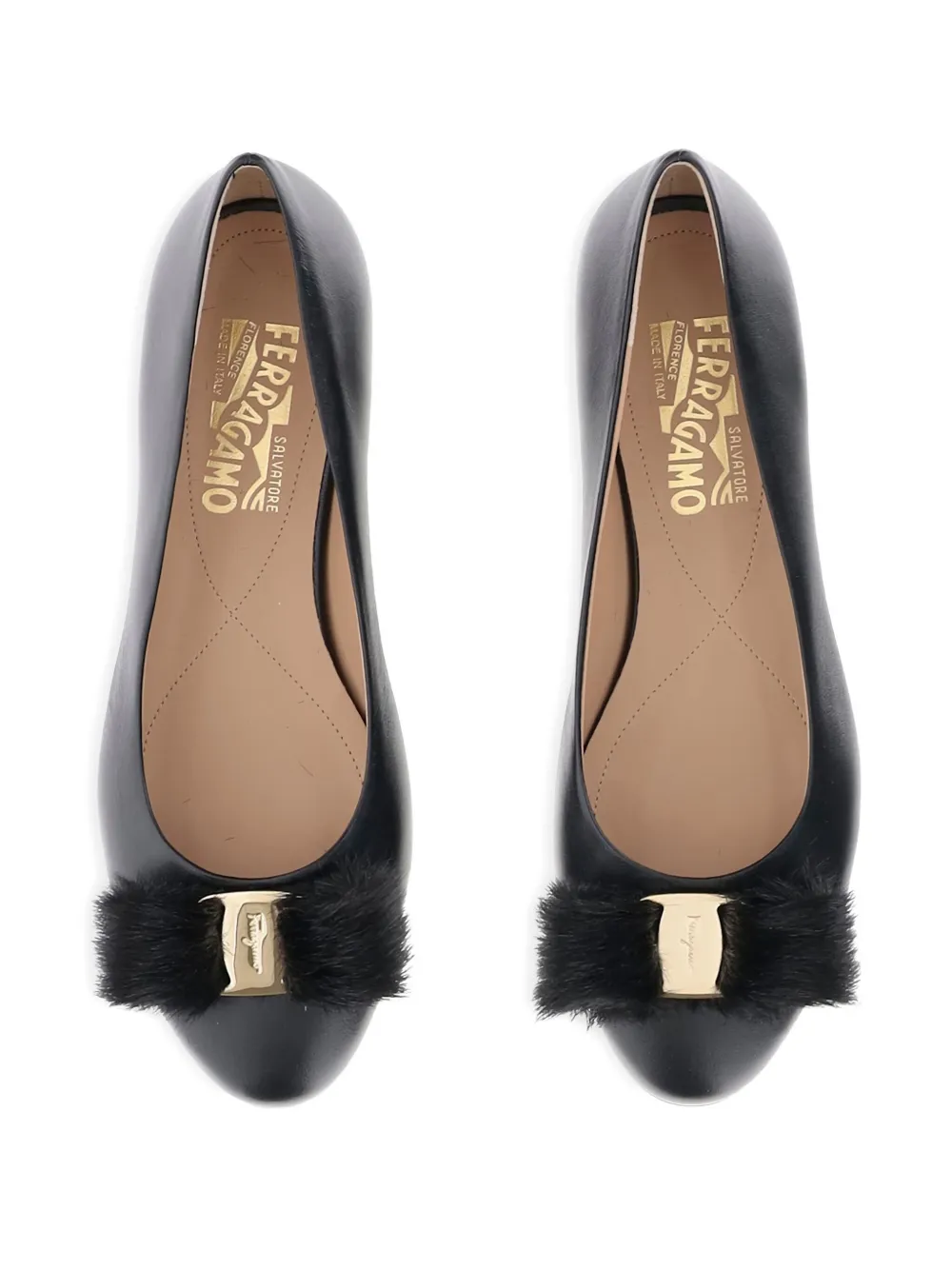 Ferragamo Vara leather fur-pompom ballerina shoes Black