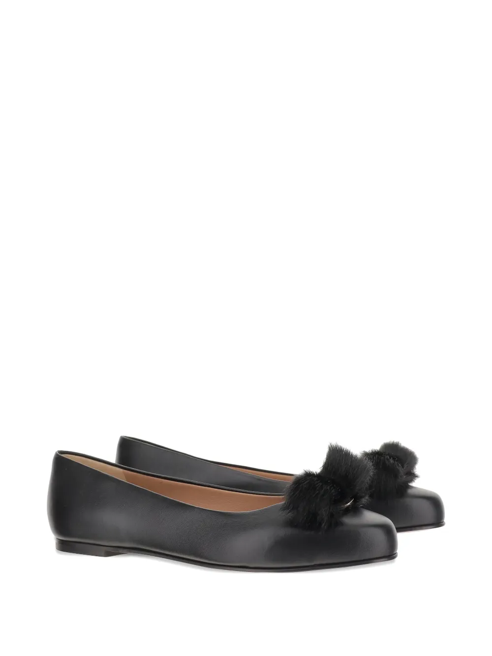 Ferragamo Vara leather fur-pompom ballerina shoes - Zwart