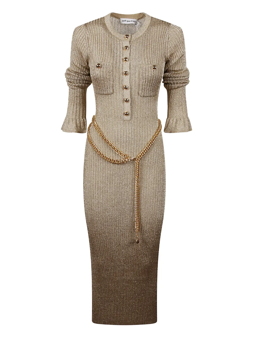 Self-Portrait ribbed-knit midi dress | Gold | Image 1
