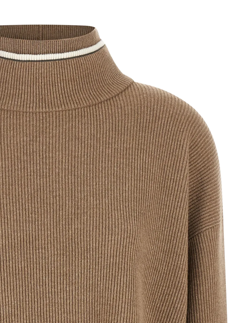 Brunello Cucinelli Ribbed Mock Neck Sweater With Contrast Trim In Brown
