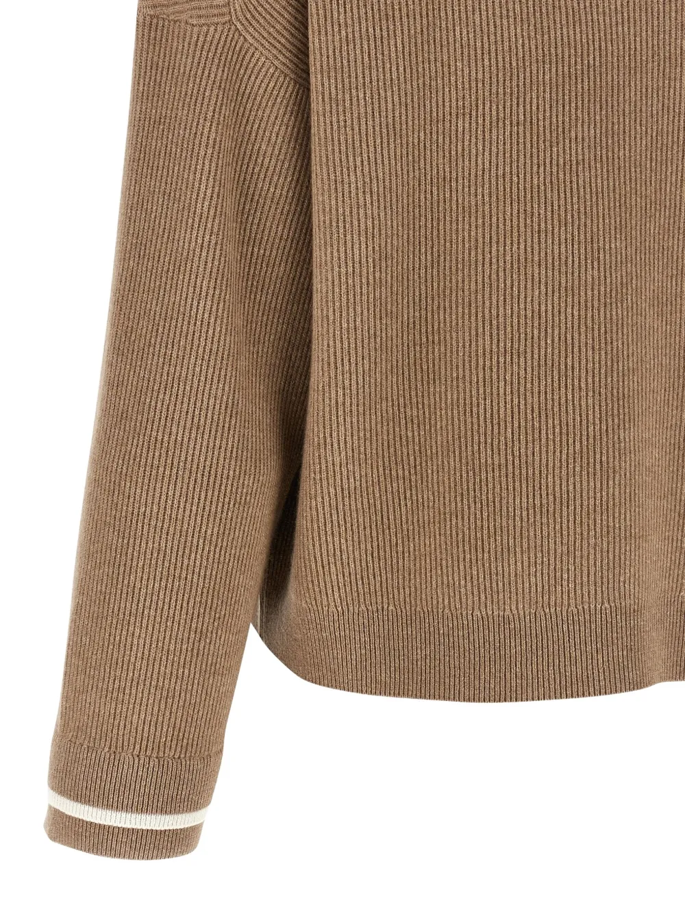 Brunello Cucinelli Ribbed Mock Neck Sweater With Contrast Trim In Brown
