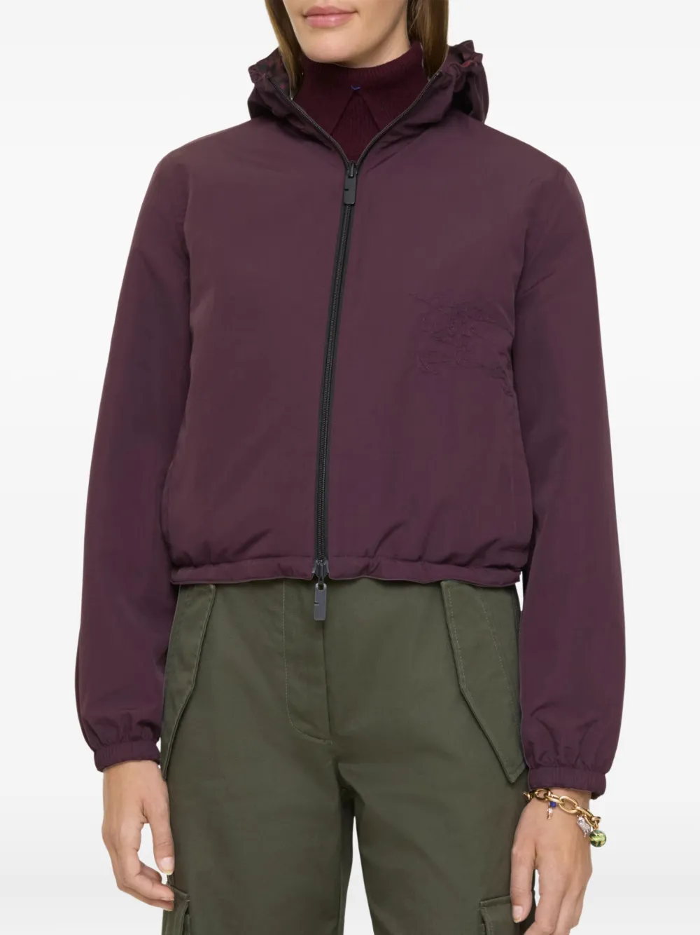 Burberry Cropped Reversible Check Hooded Jacket In Burgundy