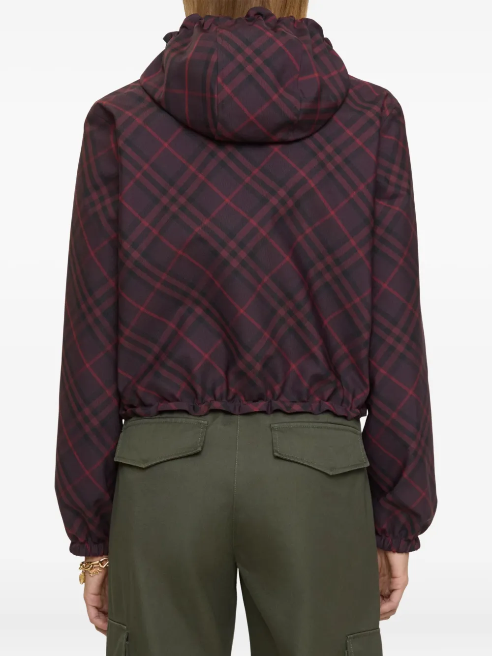 Burberry Cropped Reversible Check Hooded Jacket In Burgundy