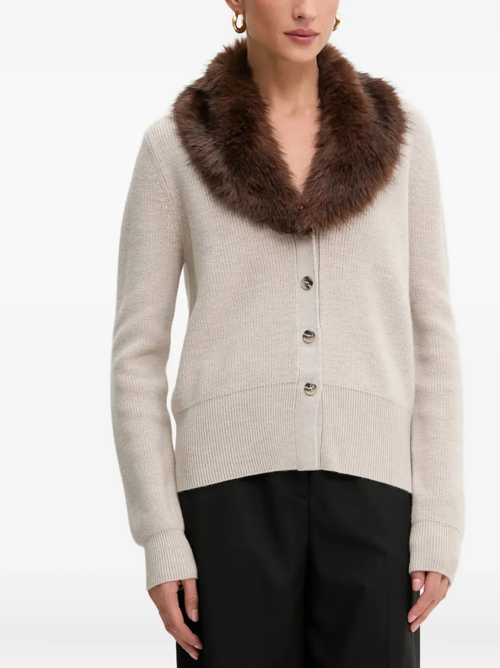 Blugirl Faux-fur-collar Rib-knit Cardigan In Neutral