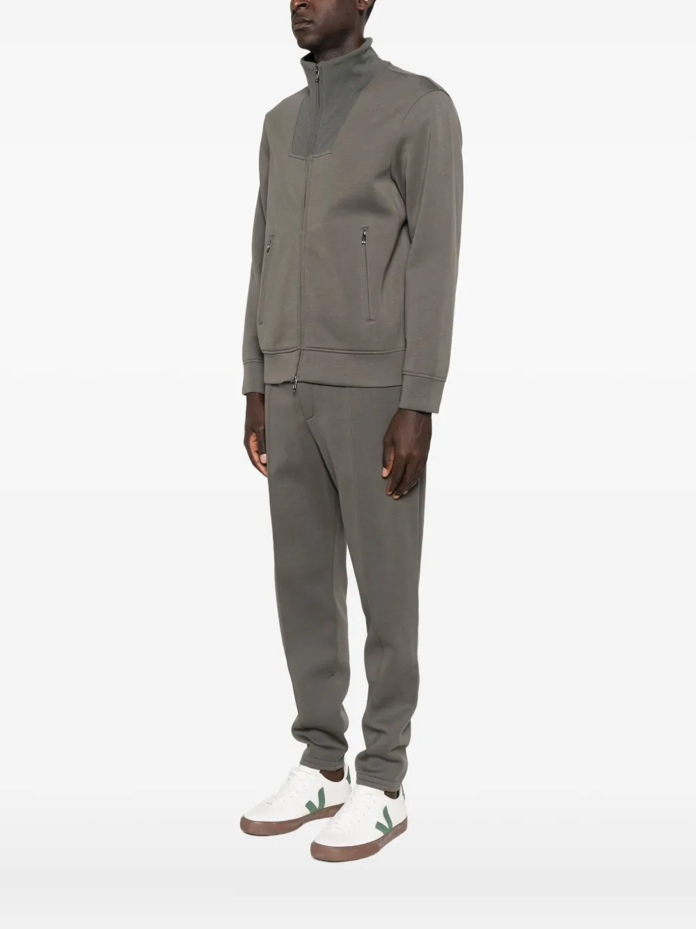 Emporio Armani High Collar Zipped Knit Sweatshirt With Pockets In Gray