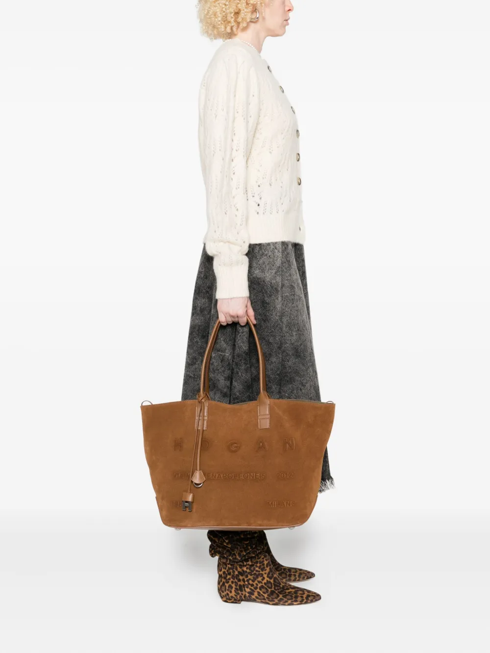 Hogan Medium Script Embossed-logo Suede Tote Bag In Brown