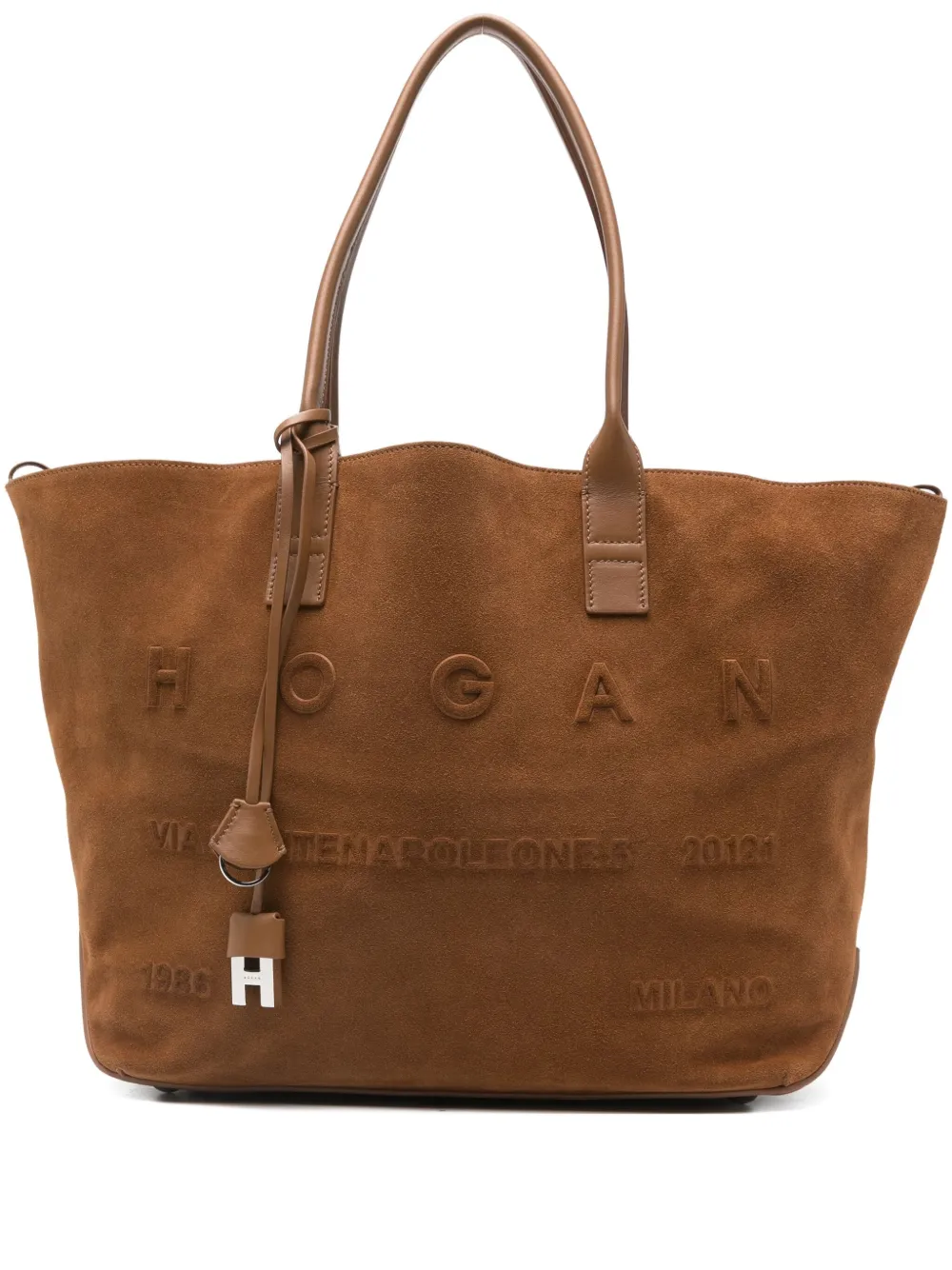 Hogan Medium Script Embossed-logo Suede Tote Bag In Brown
