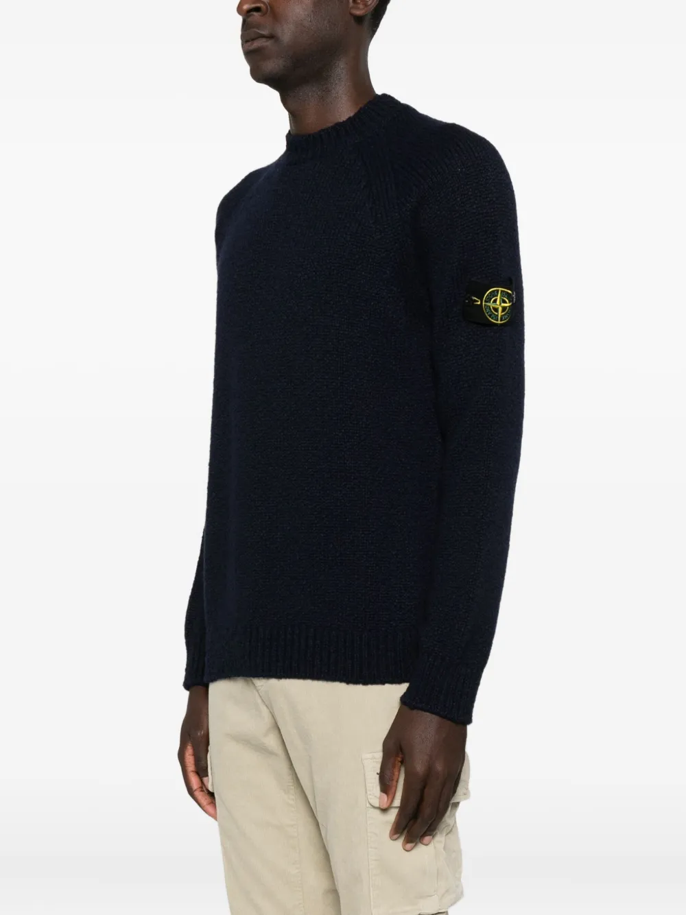 Stone Island Ribbed-knit Virgin Wool Sweater With Signature Patch In Blue